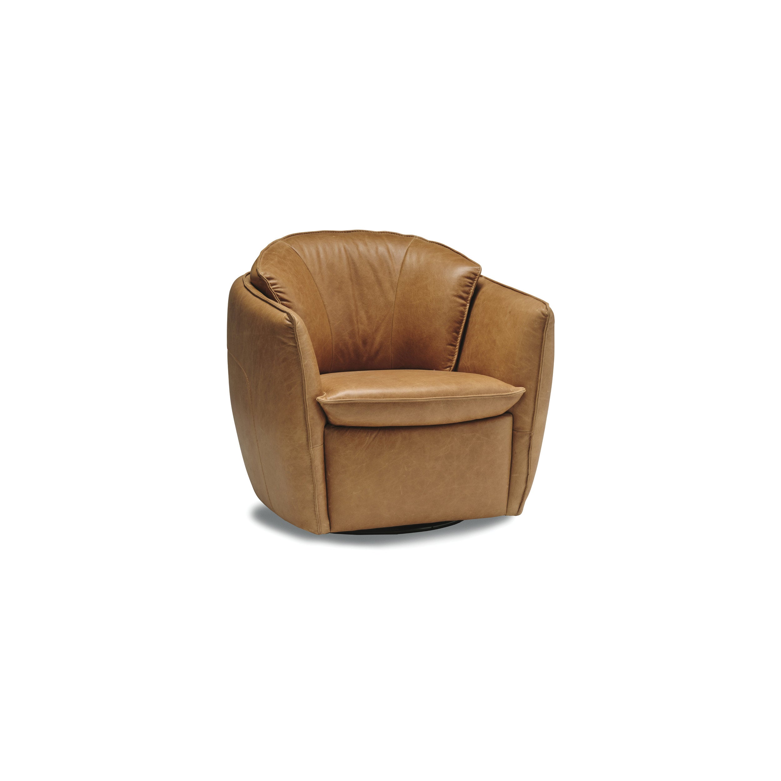 Stylus Sola Swivel Chair in tan brown leather with cushioned, curved arms and smooth seam details on a glossy swivel base.