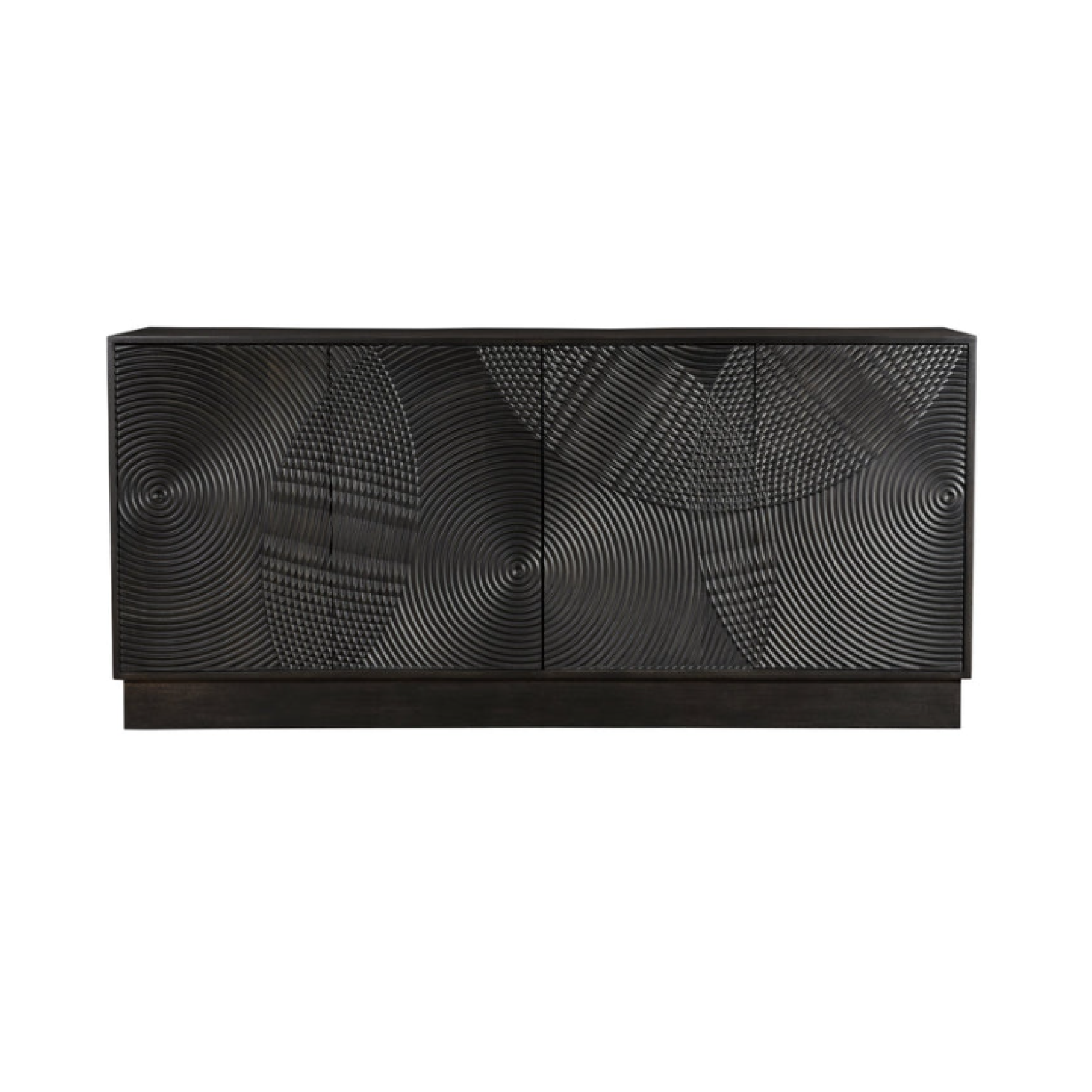 A stylish sideboard with a dark finish and concentric circle pattern on the front doors.