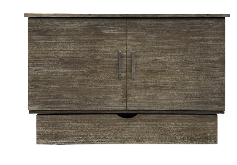 front view of a closed Stockholm Queen Cabinet Bed made of brushed grey acacia wood with a rustic look, featuring two doors and a dual sub charging station.