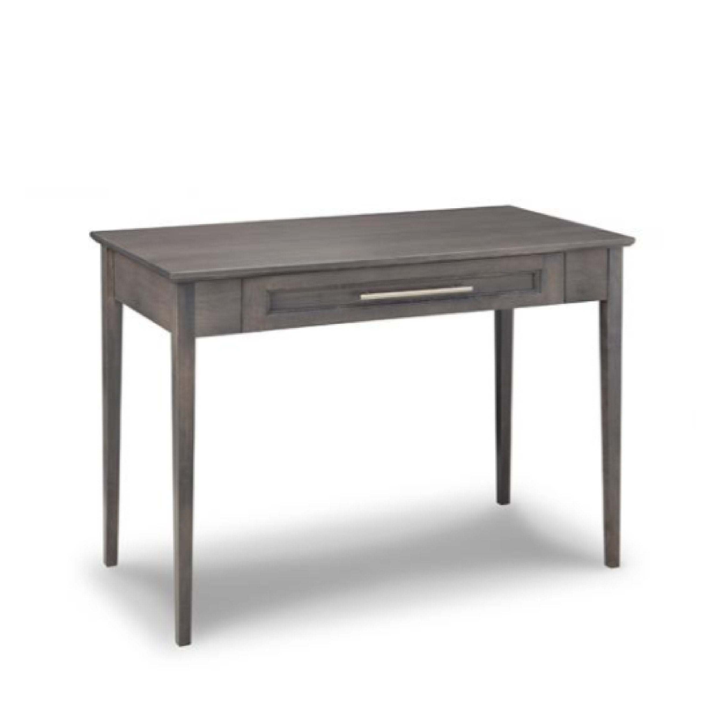 Gray desk with a single drawer on a white background
