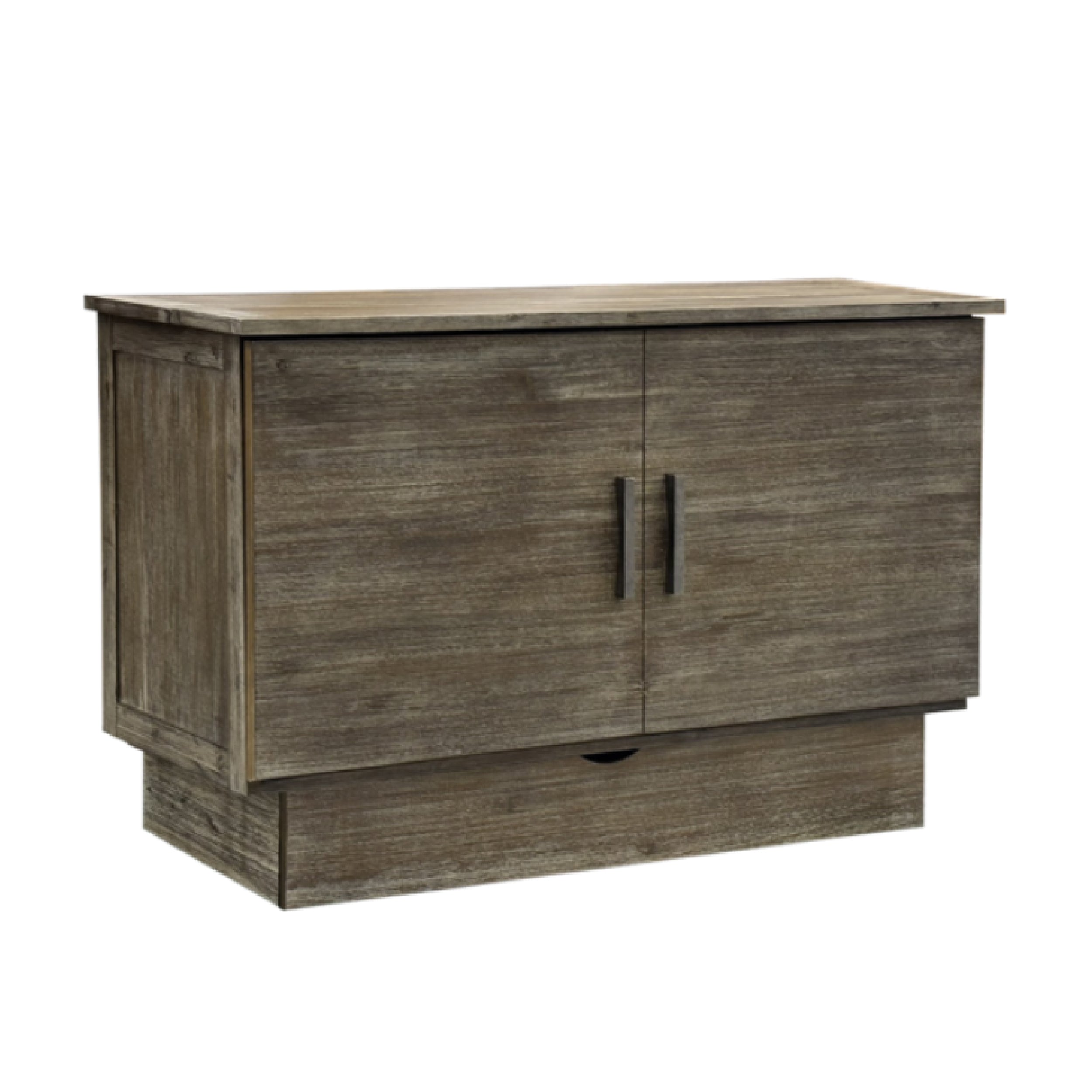A closed Stockholm Queen Cabinet Bed made of brushed grey acacia wood with a rustic look, featuring two doors and a dual sub charging station.
