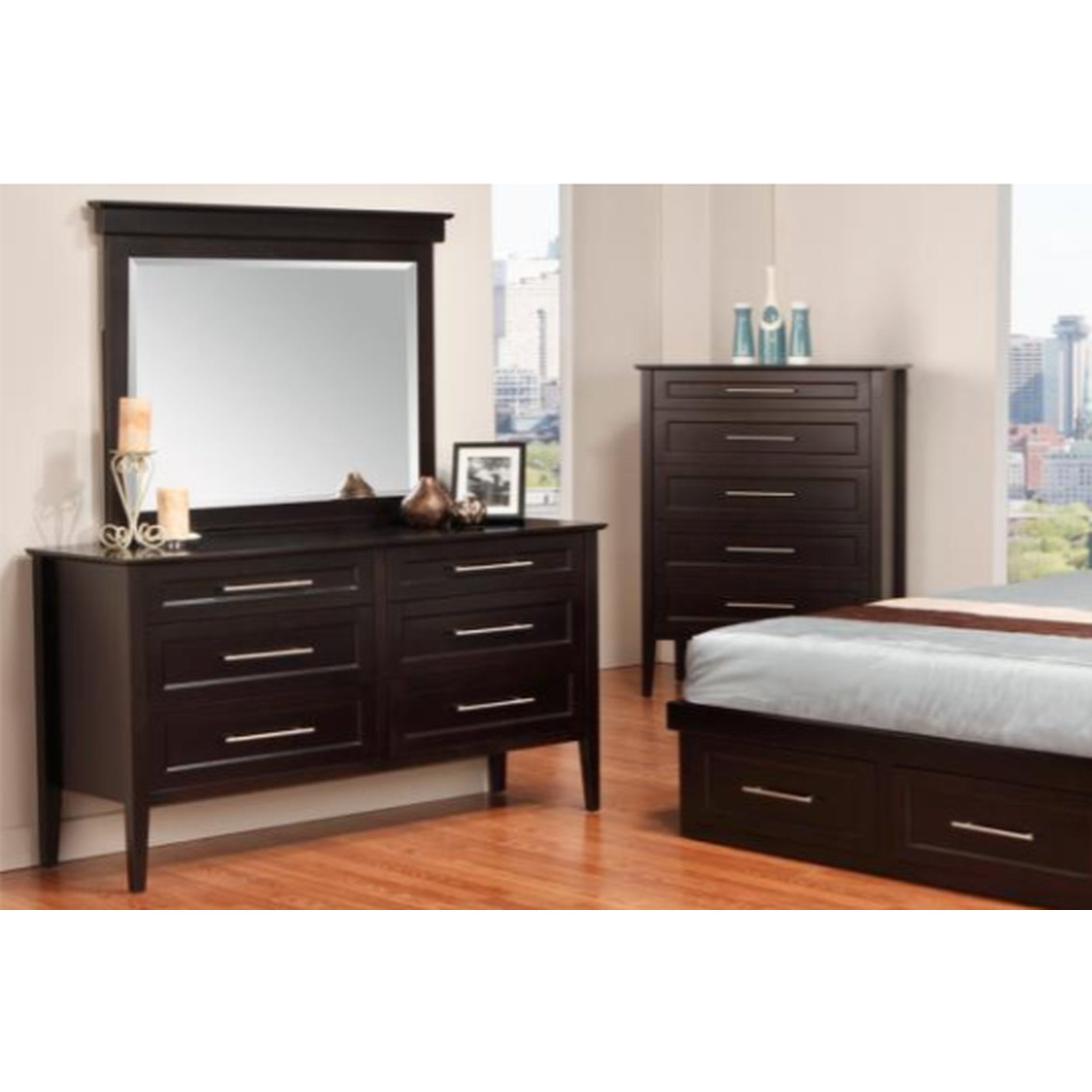 Dark wood dresser with mirror and nightstands in a bedroom setting.