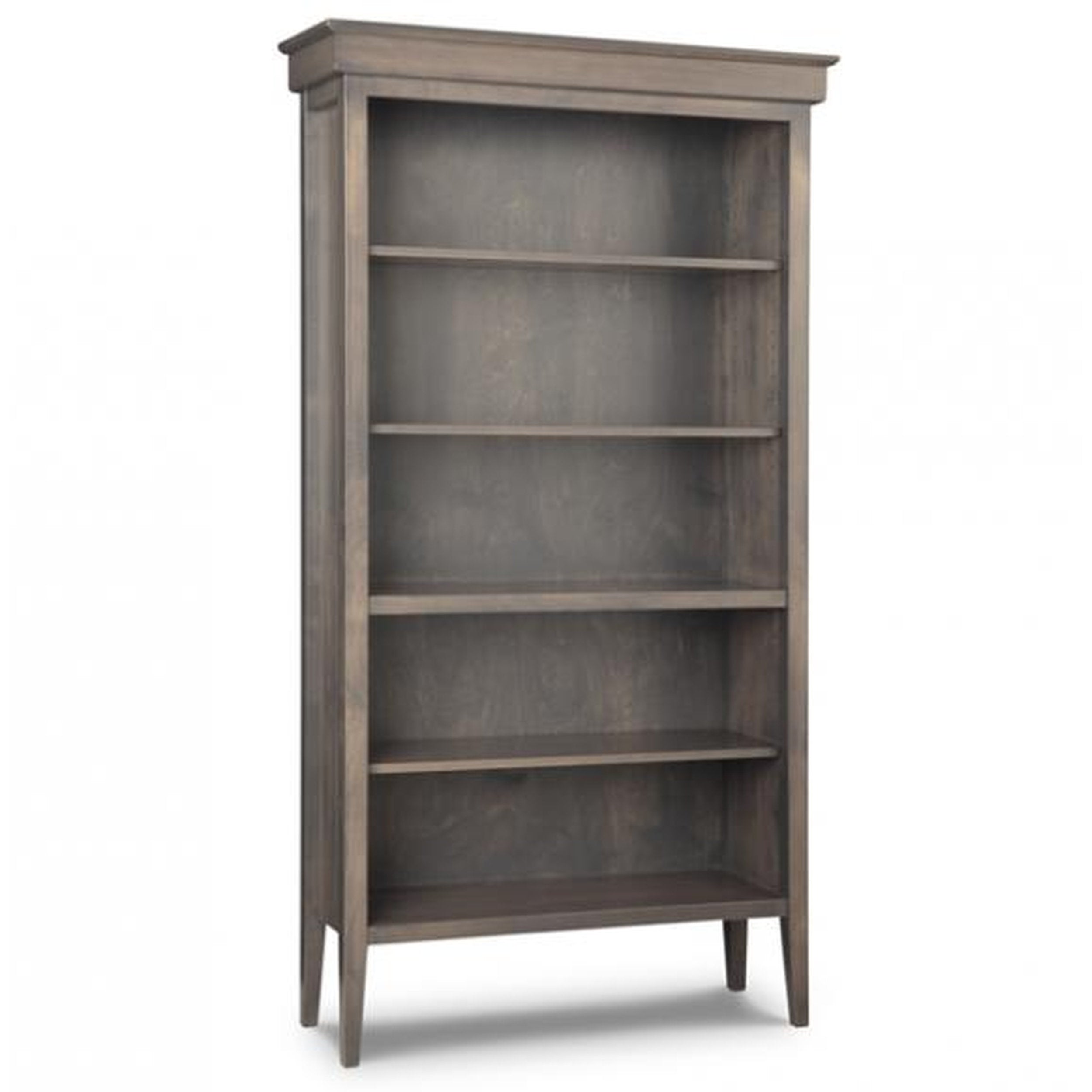 Wooden bookshelf with five shelves on a white background