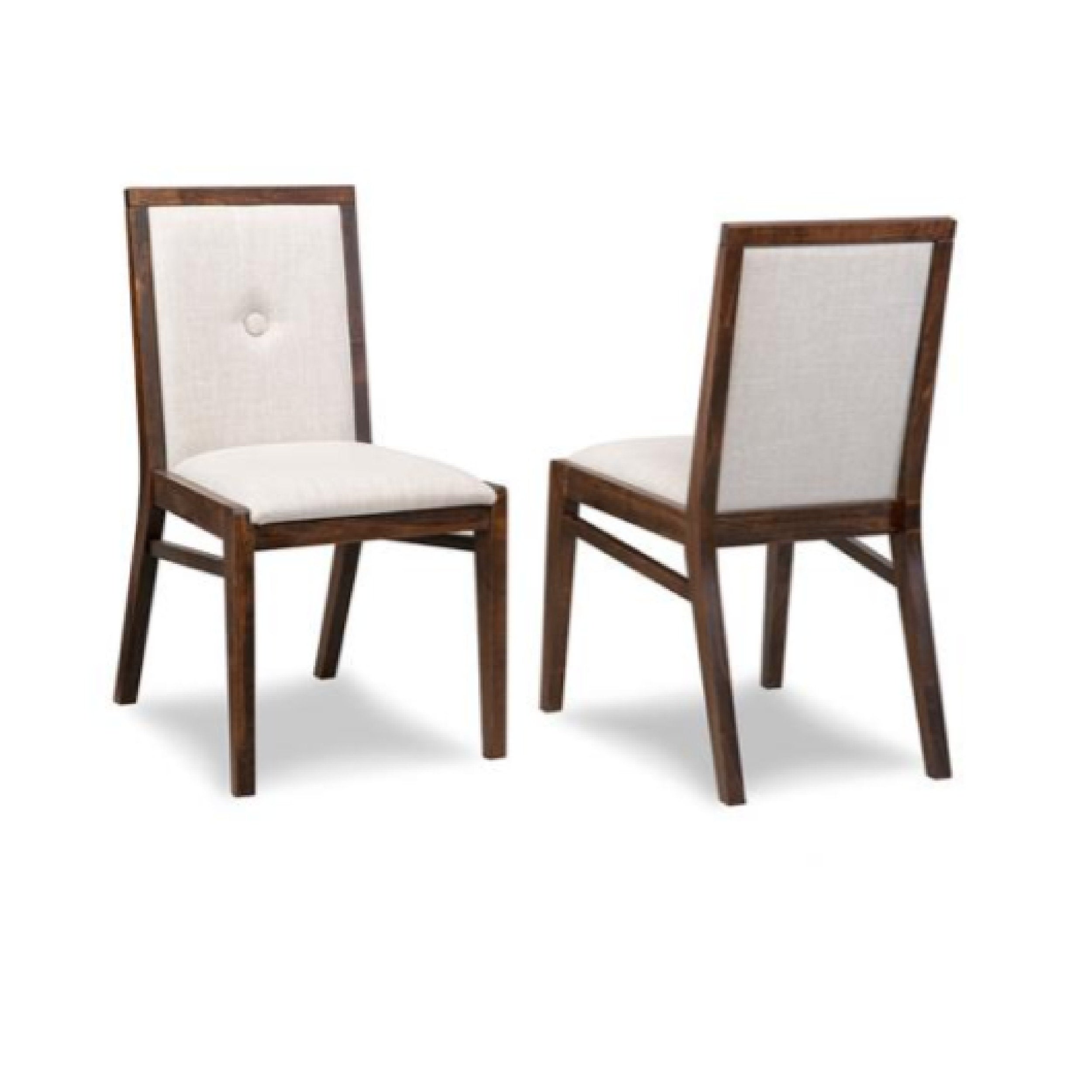 Two wooden chairs with white cushioned seats on a white background