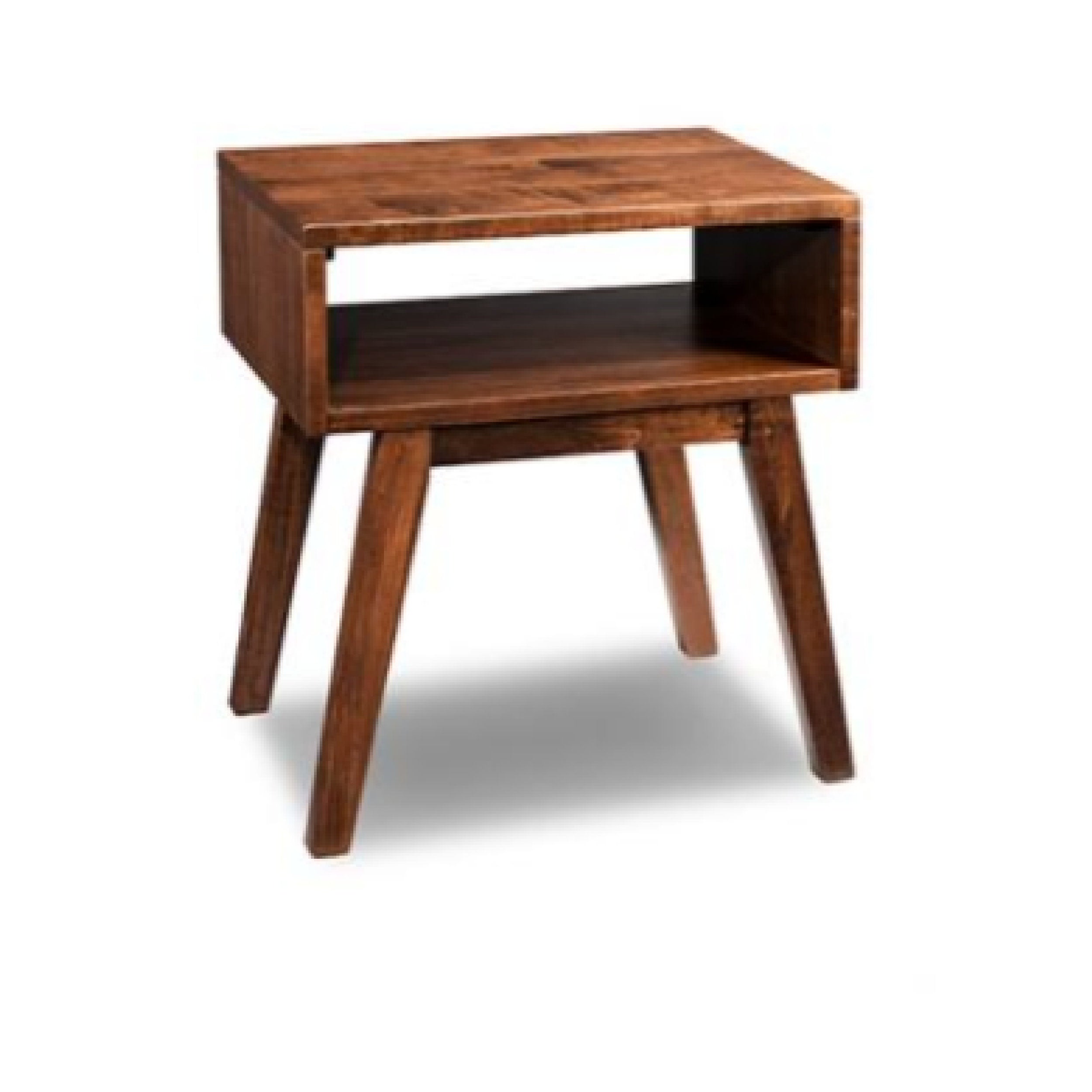 Wooden side table with a single shelf on a white background