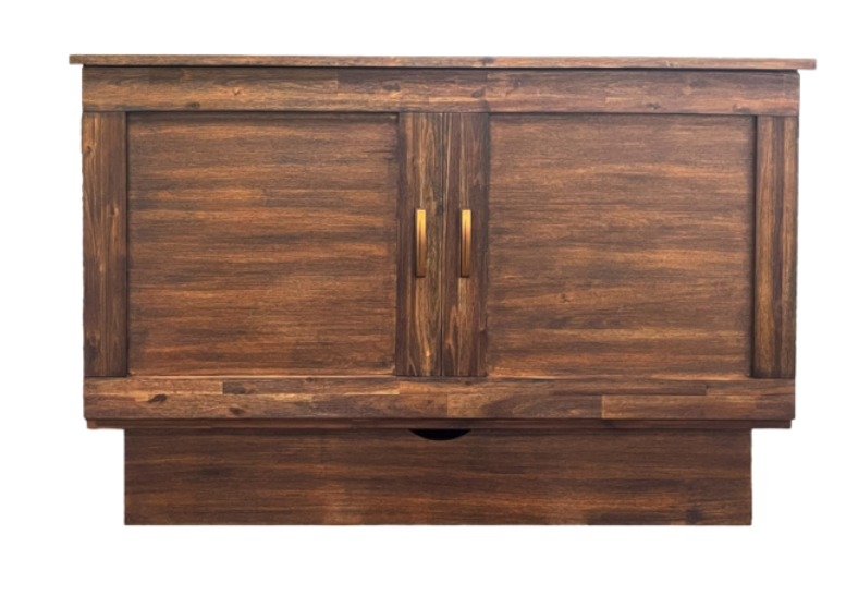Front View of brown wood cabinet bed showing 2 goldenish handles and storage at the bottom. Rustic look