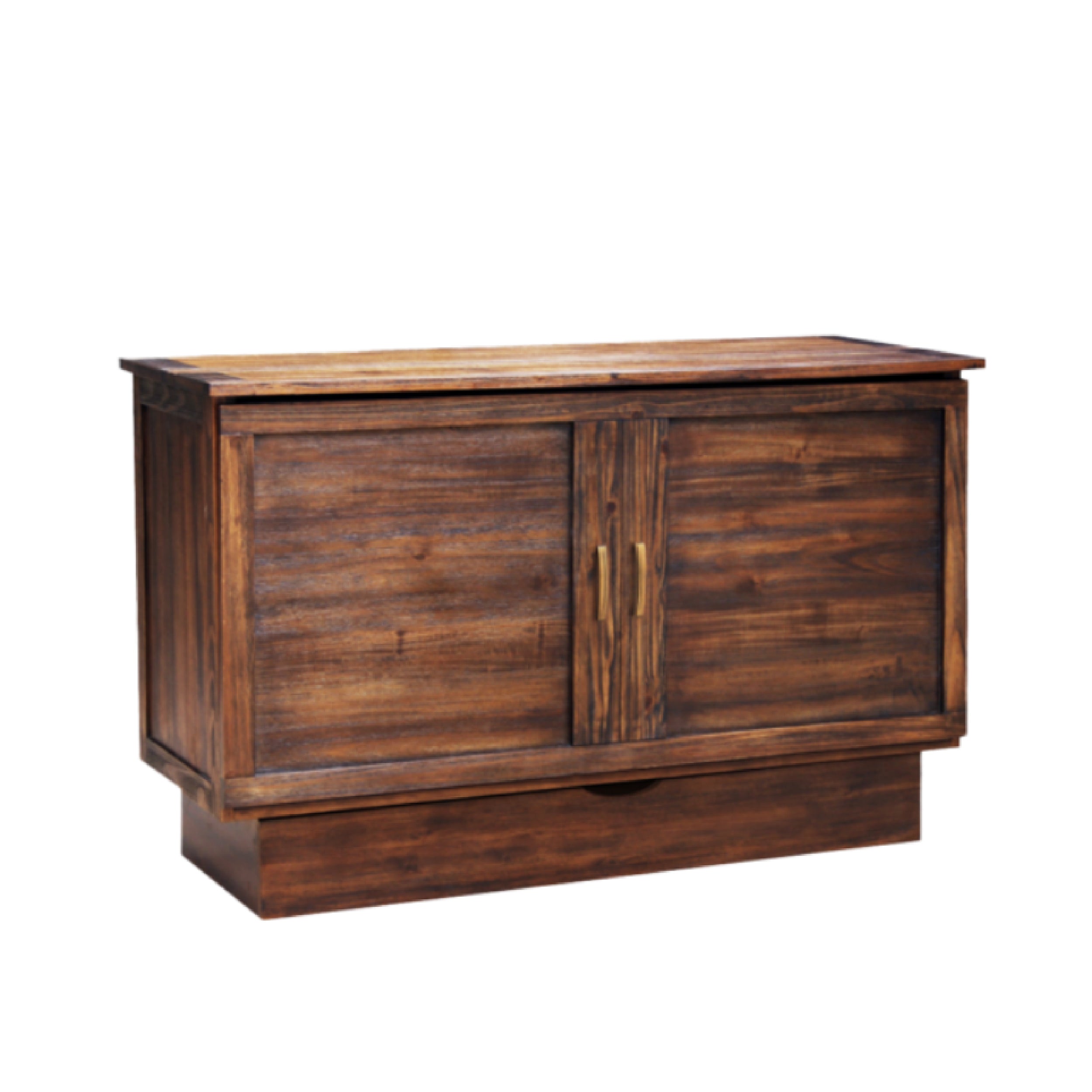 brown wood cabinet bed showing 2 goldenish handles and storage at the bottom. Rustic look