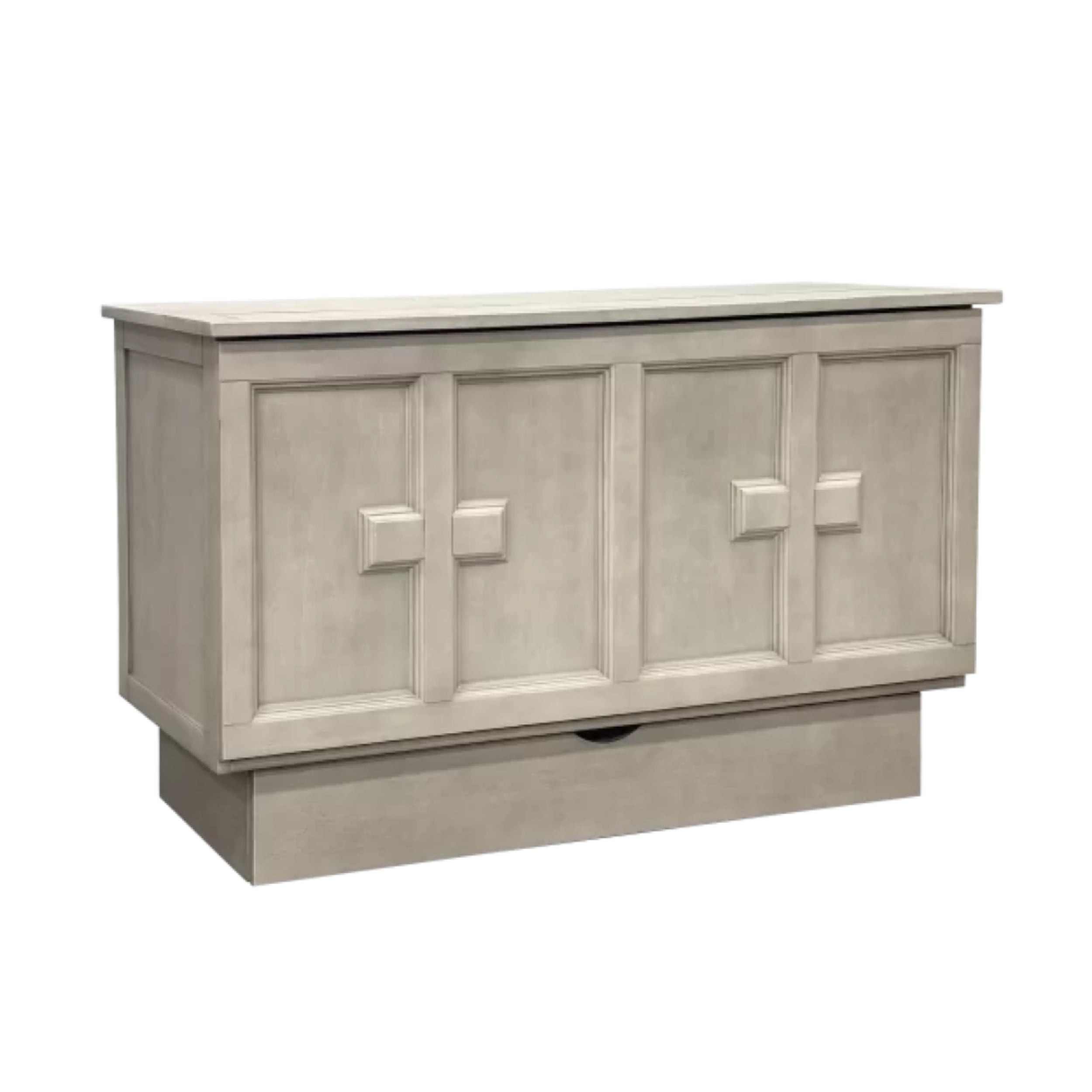 cabinet bed with a cross pattern on the front doors. storage department underneath it