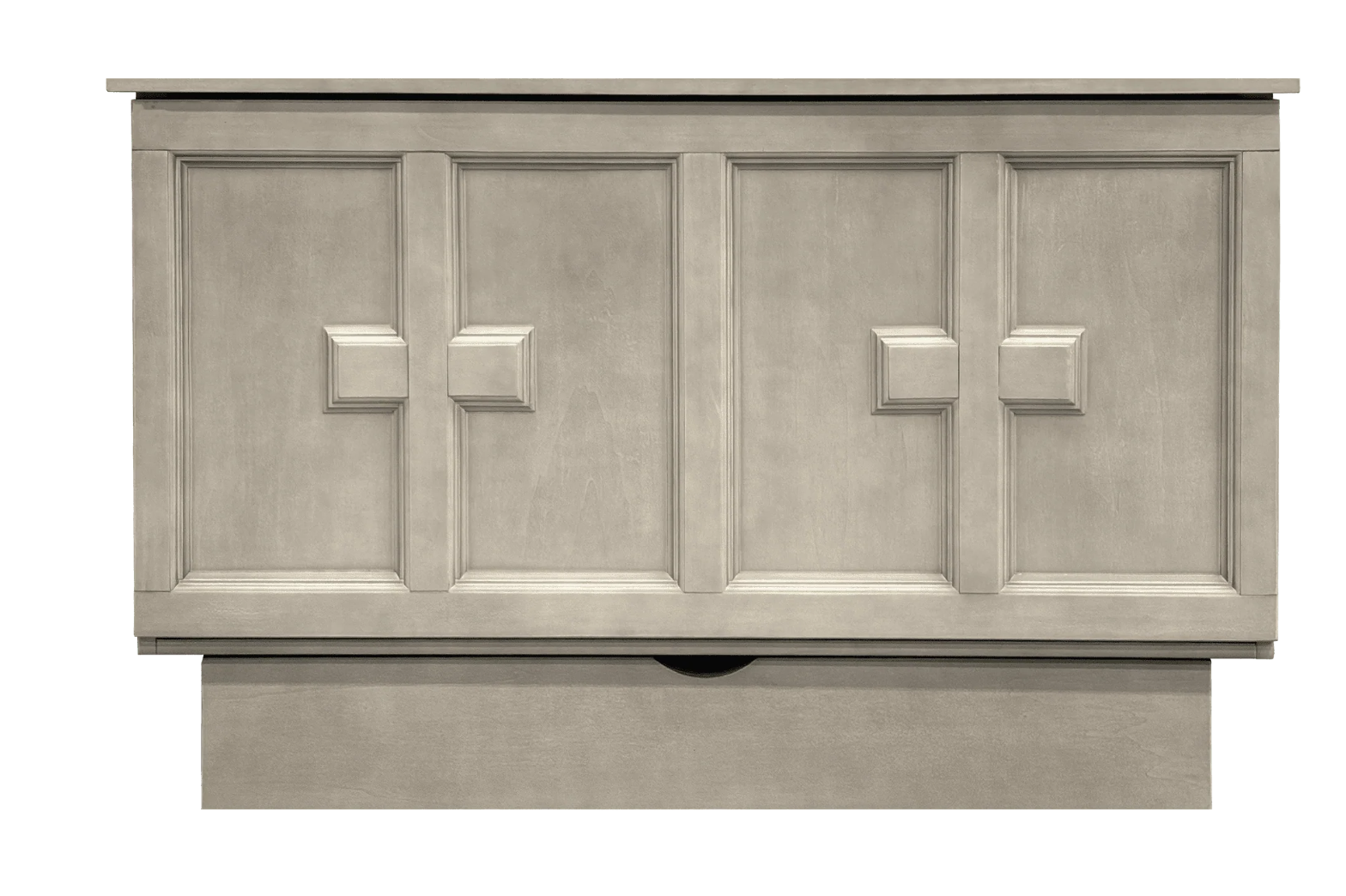 front view of a cabinet bed with a cross pattern on the front doors. storage department underneath it