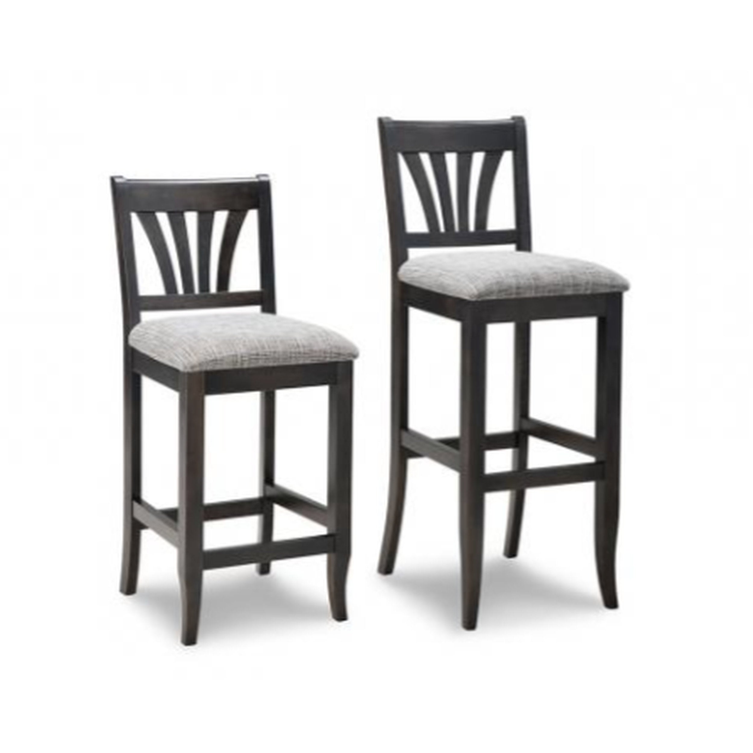 Two black bar stools with gray cushioned seats on a white background