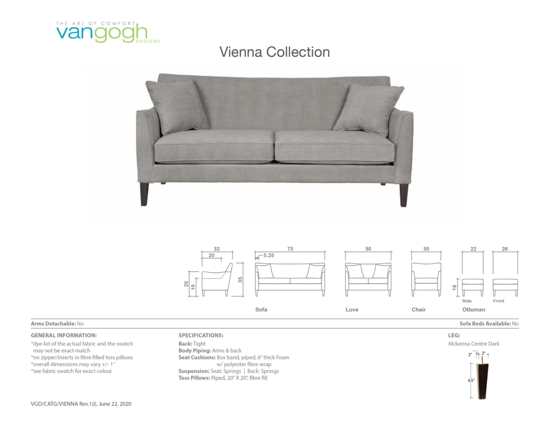 dimension sheet of vienna collection showing matching pieces along with there dimensions
