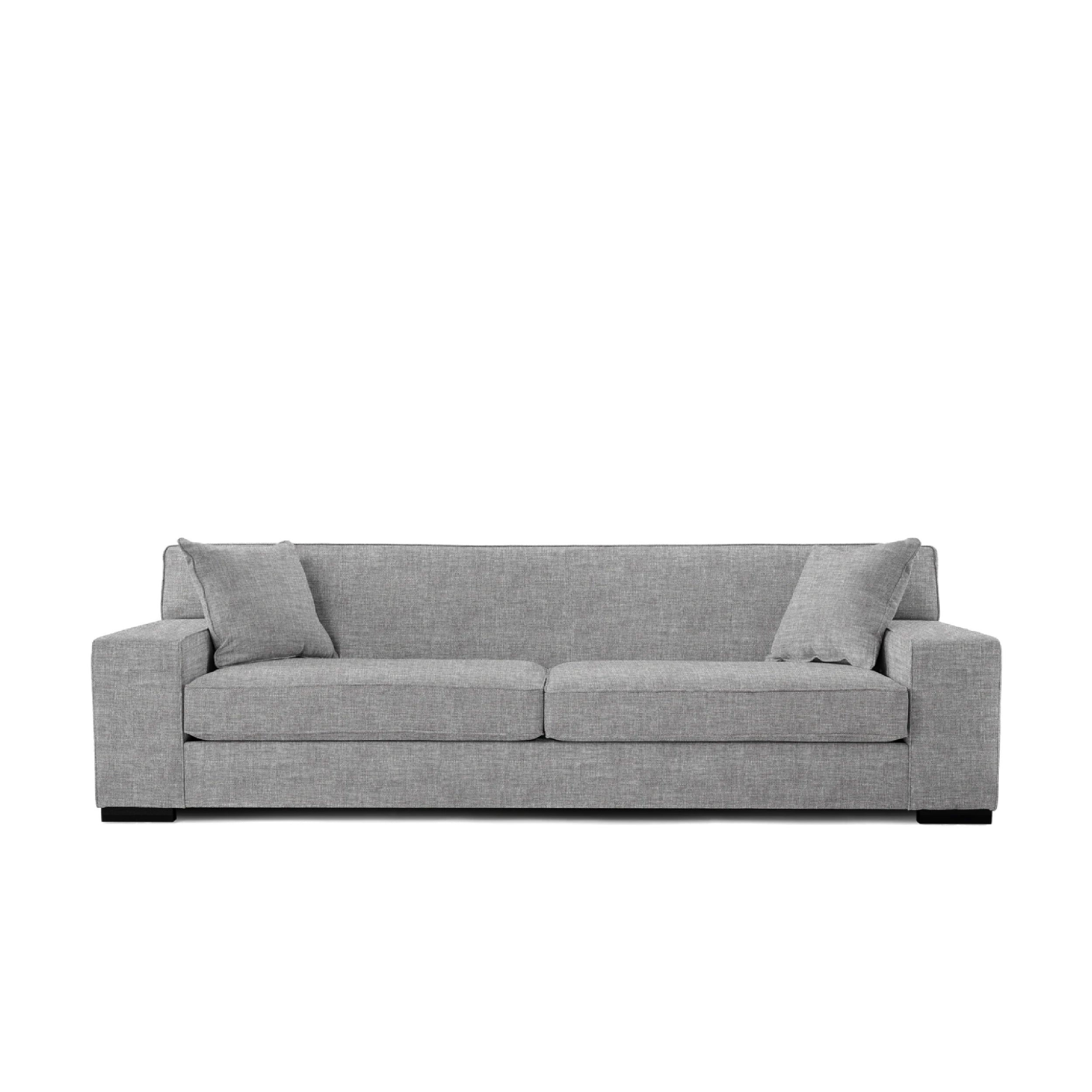 A modern, low-profile gray sofa with chunky arms and a tight back cushion, presented against a white background.
