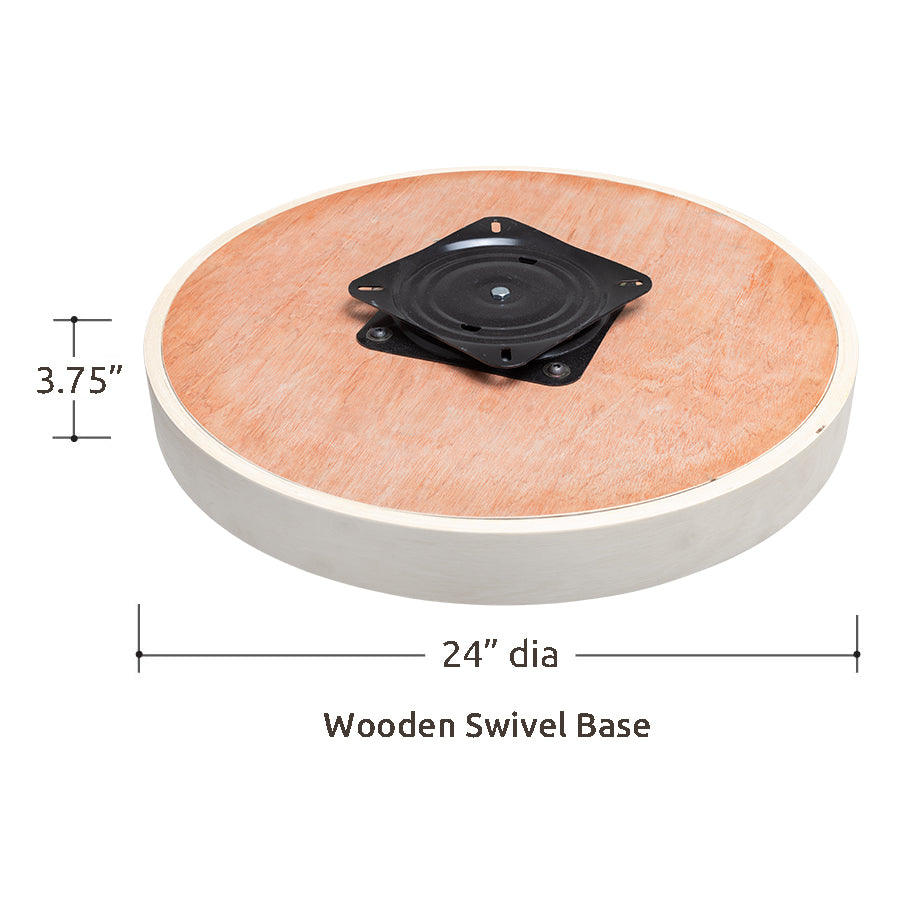 Van Gogh Designs Wooden Swivel Base with natural peach plywood top, white rim, black mounting plate, 24β dia, 3.75β height.