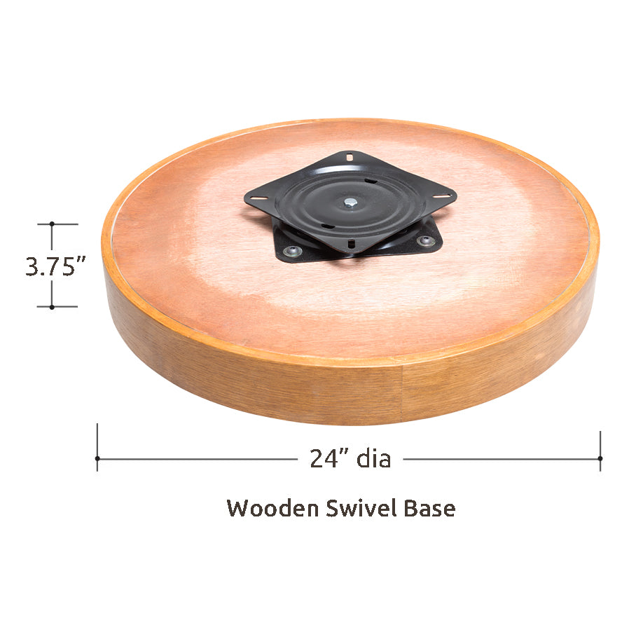 Wooden Swivel Base by Van Gogh Designs in warm brown wood with black mounting plate, 24" diameter, 3.75" height. smooth edge.