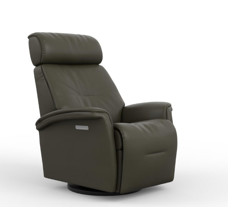 Rome Recliner by Fjords in olive green leather with padded headrest, wide arms, smooth stitch detailing, swivel base. Matte