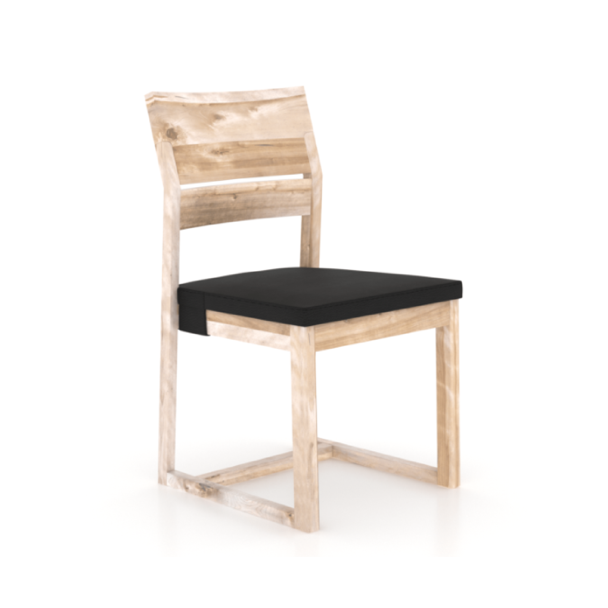 natural wood dining chair with a black leather seat