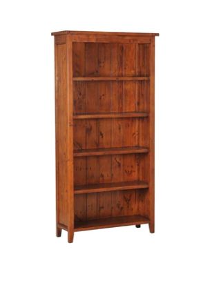 A cherry color wooden Lifestyle Bookcase with a simple design, featuring a series of shelves with a flat base.