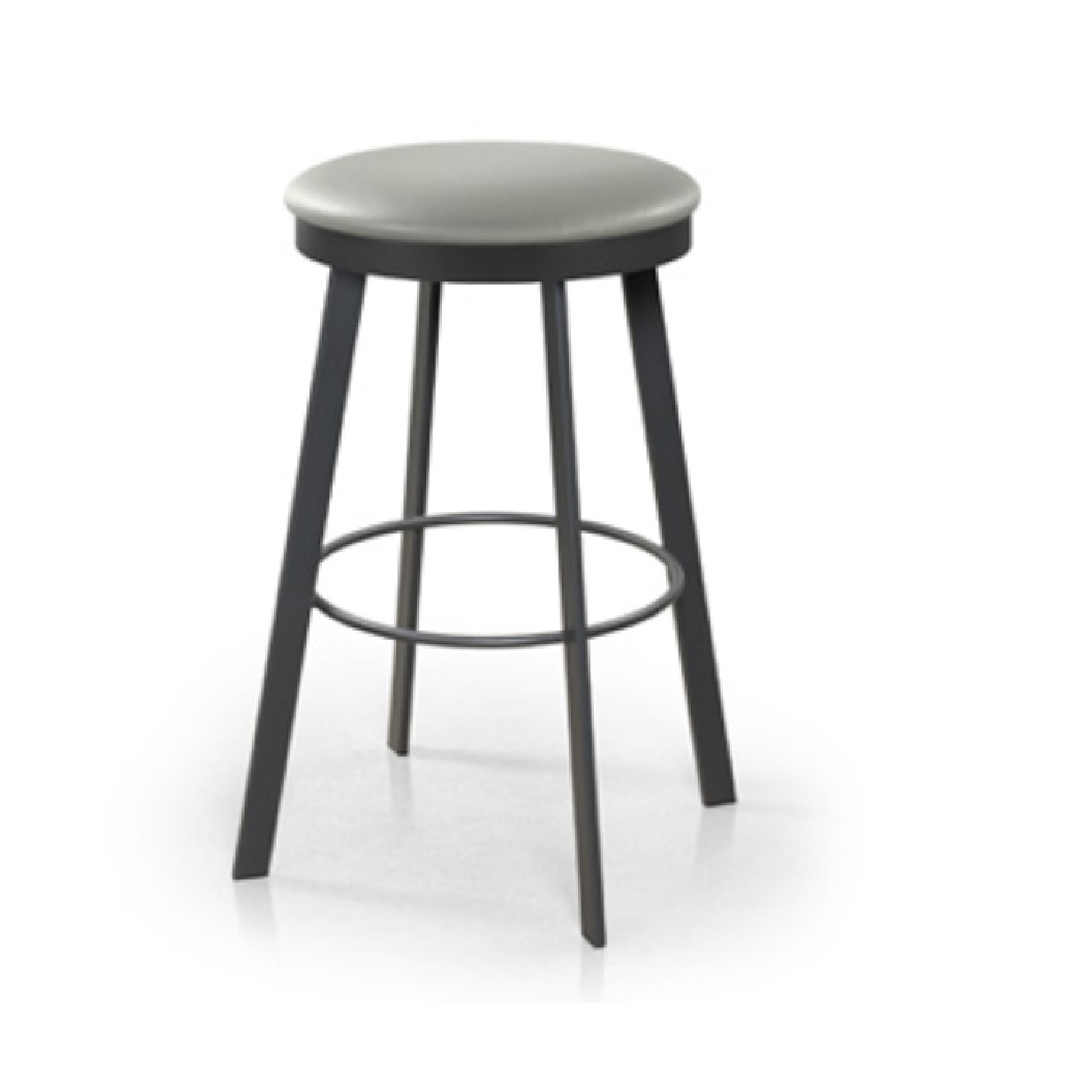 A black and gray bar stool with a fully welded base and a swivel seat.