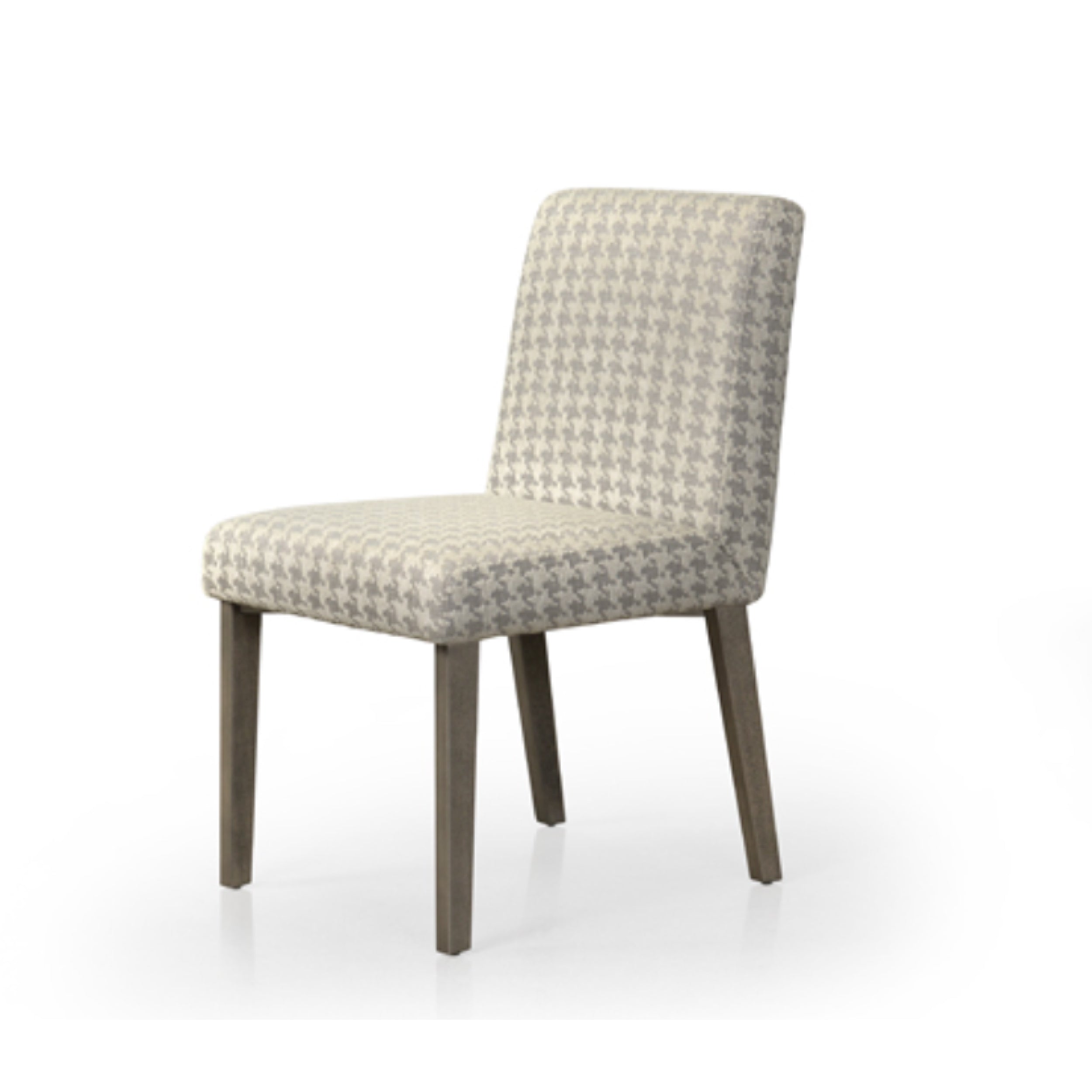 A modern upholstered dining chair with a geometric pattern on the seat and backrest, featuring a metal frame.