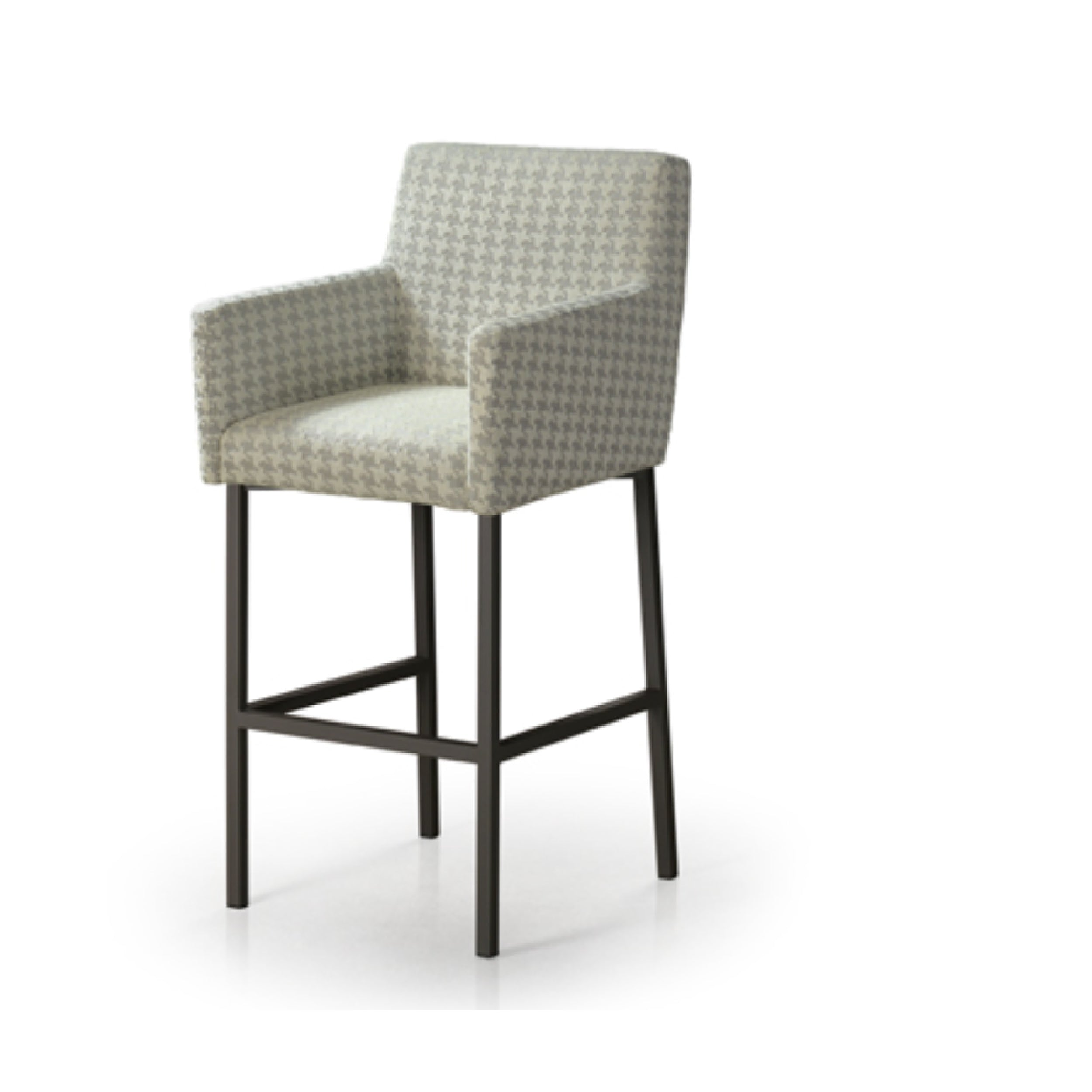 A counter height adjustable bar stool with a welded base and upholstered seat and backrest in a geometric pattern.