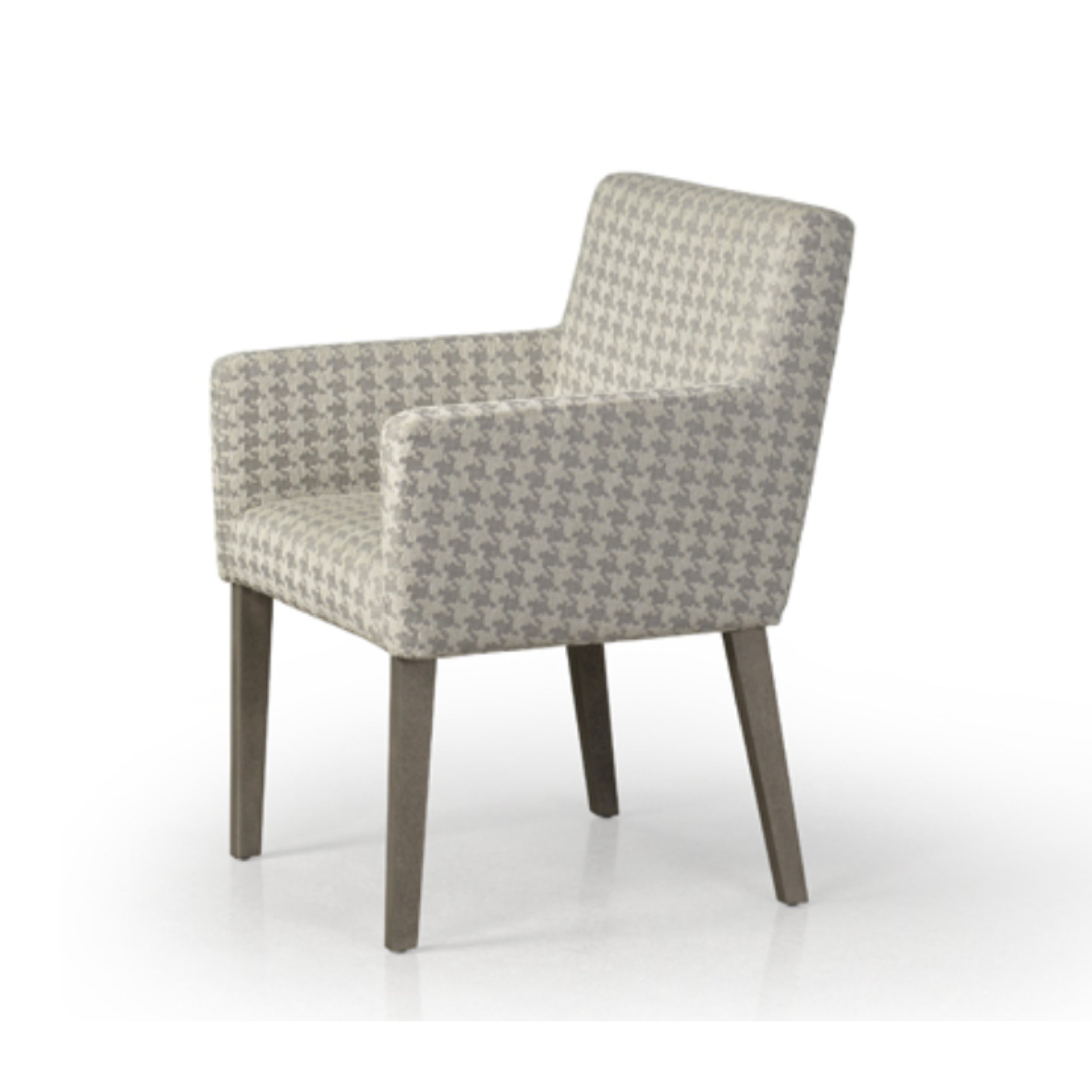 A modern upholstered dining chair with a high backrest and seat, featuring a geometric pattern on the seat and a solid wood leg.