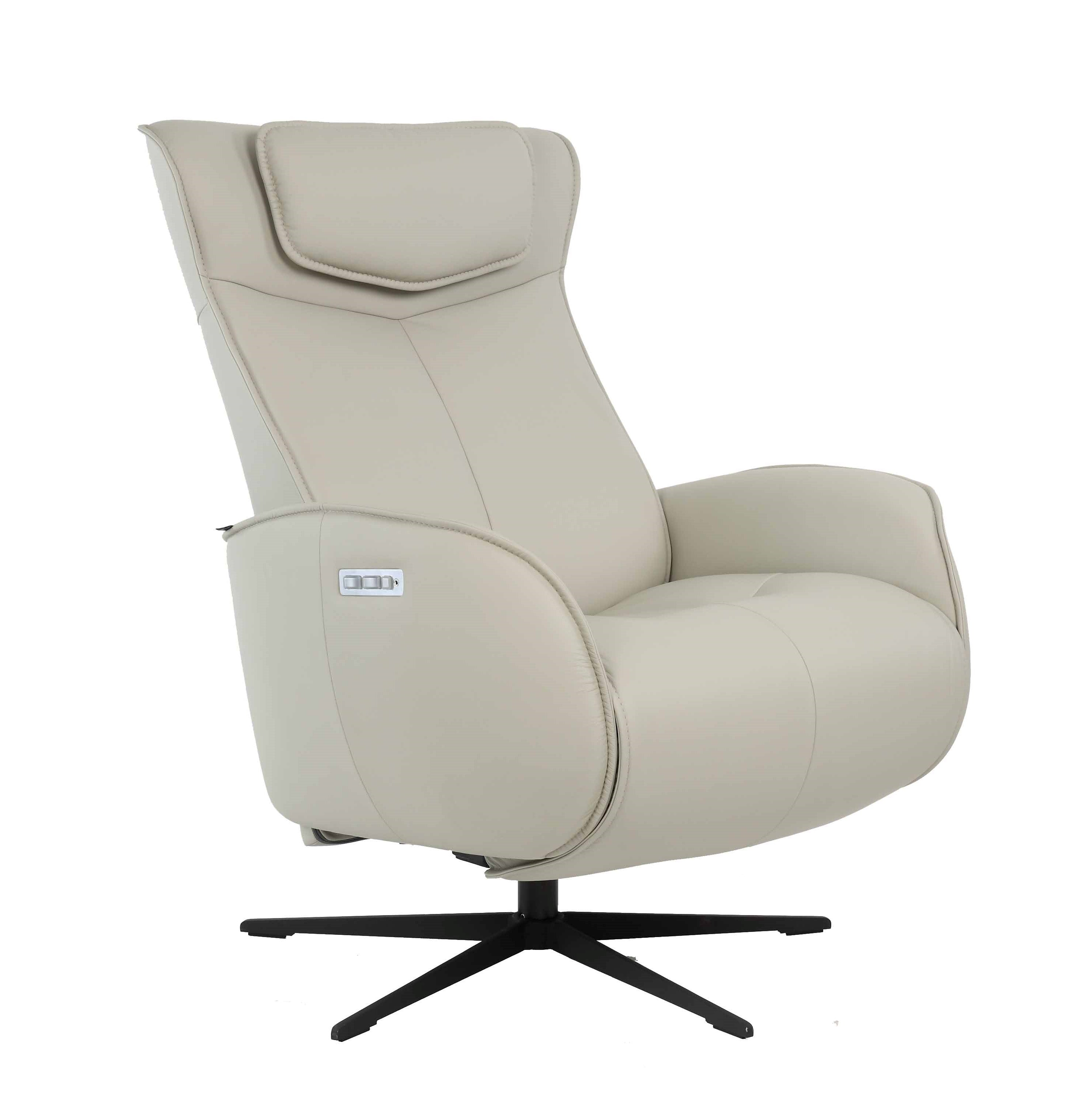 A grey Axel Recliner with a built-in lithium ion battery pack, showing a side profile of the chair with its armrests, seat, and base visible.