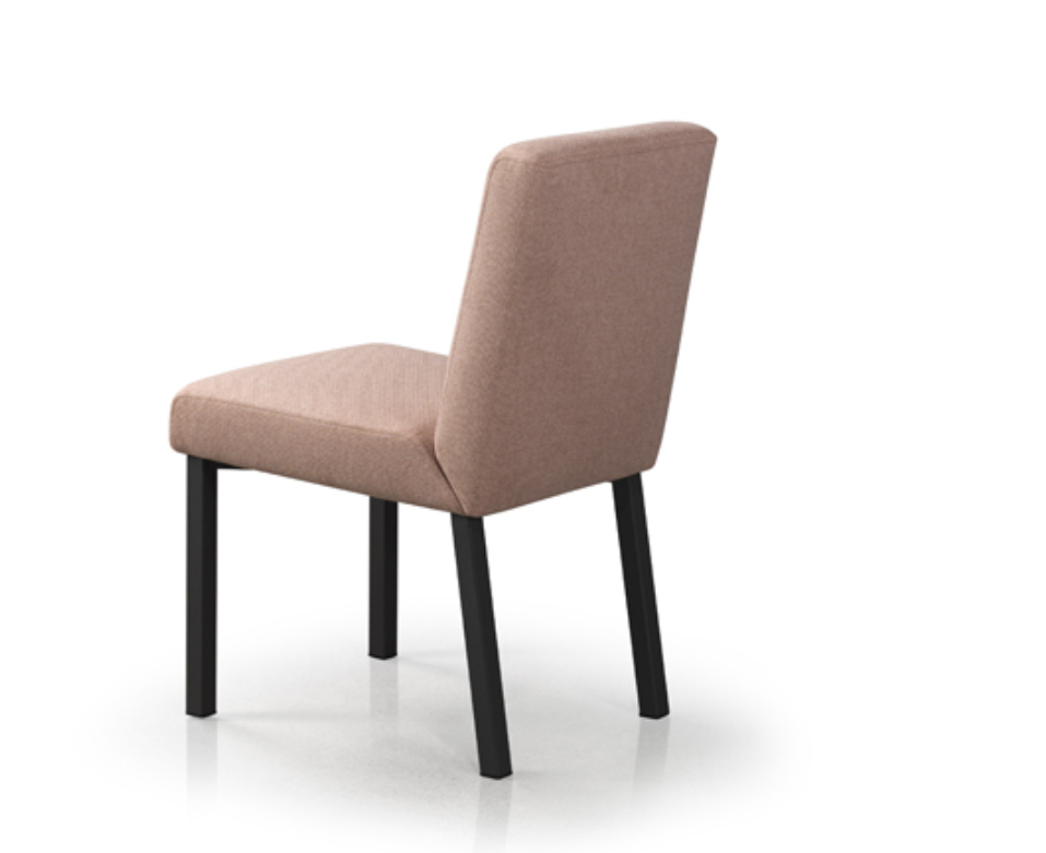A modern dining chair with a pink upholstered seat and backrest, and black metal legs.