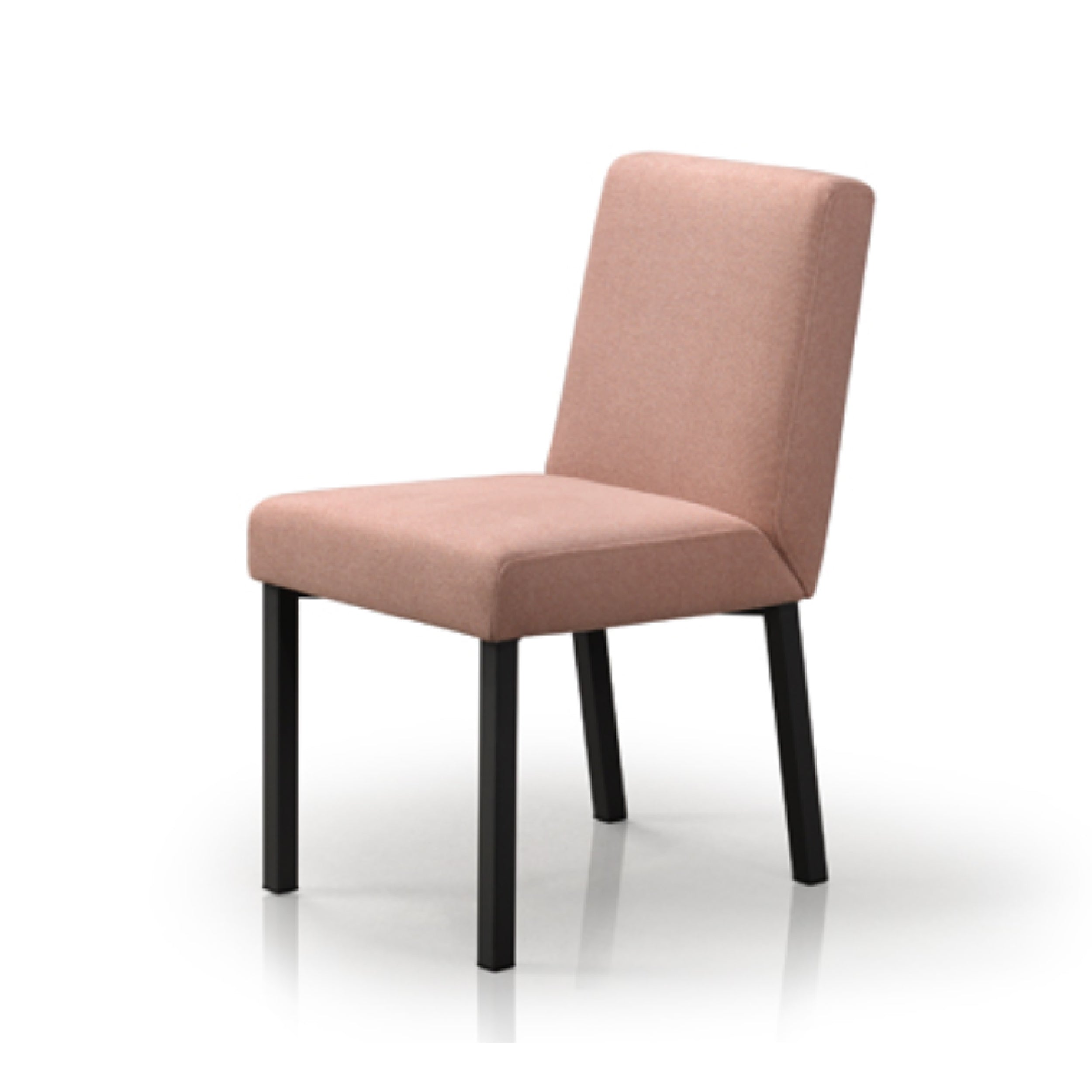 A modern dining chair with a pink upholstered seat and backrest, and black metal legs.