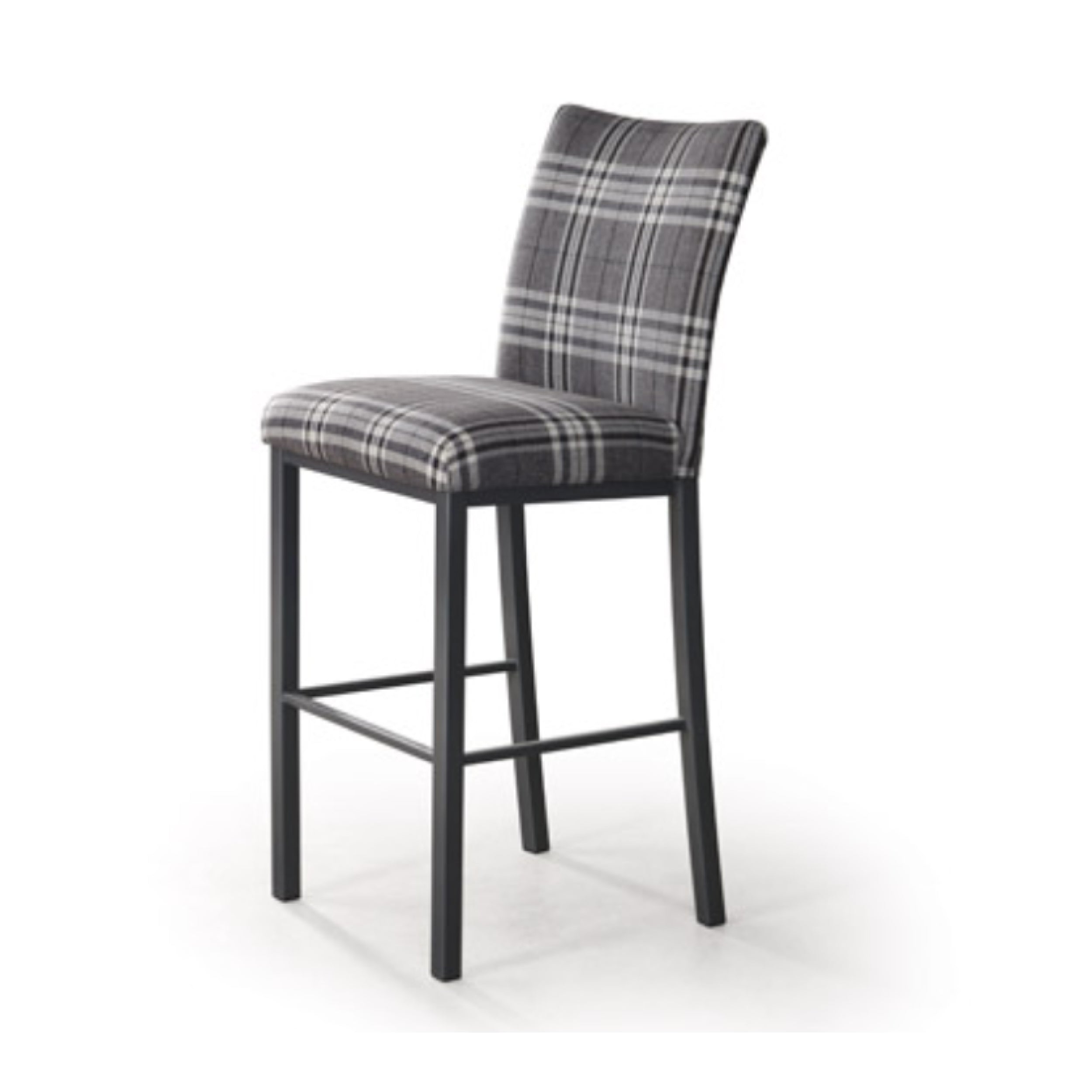 A black bar stool with a plaid pattern upholstery on the seat and backrest, set against a white background.