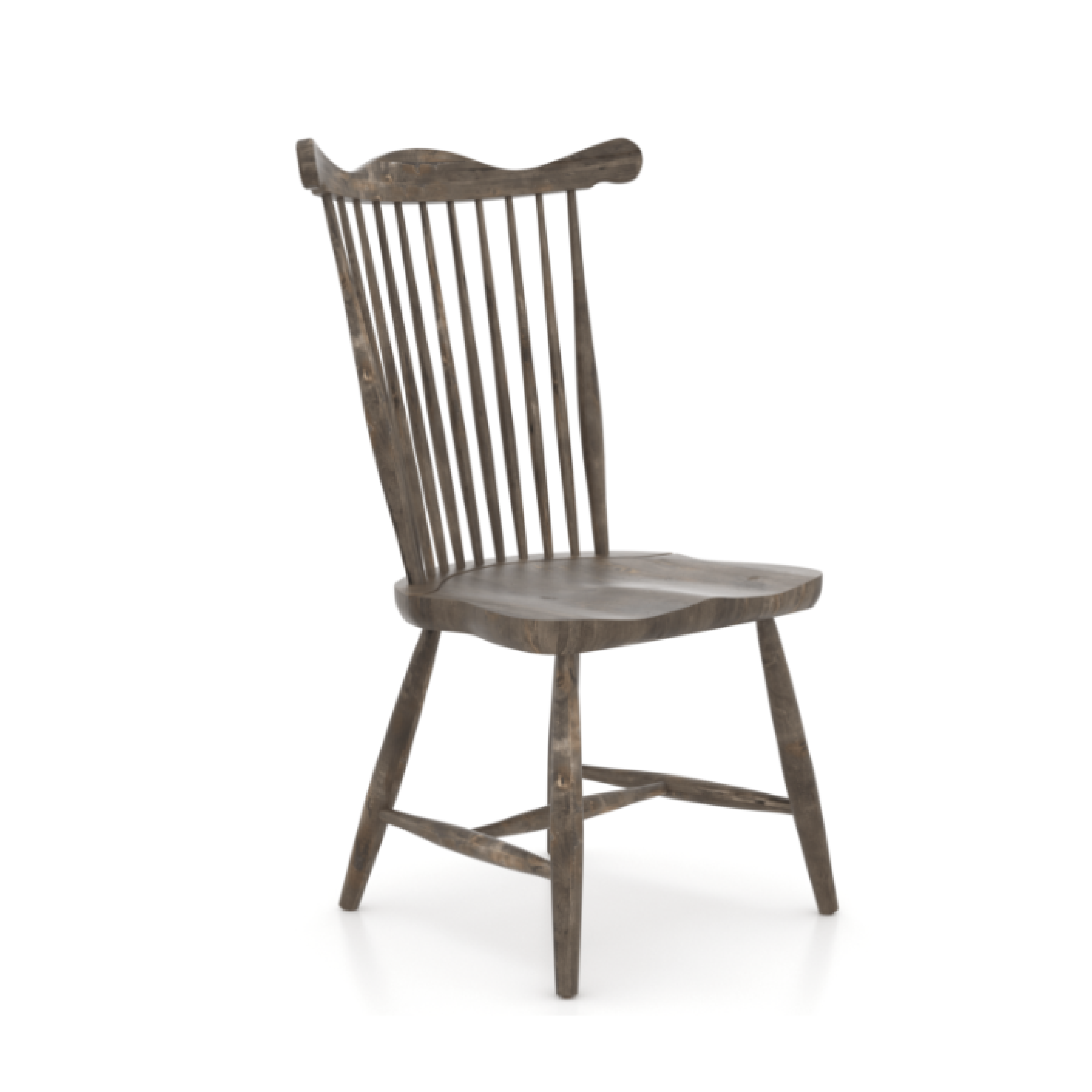 A distressed finish spindle-back wooden dining chair with a seat and backrest.