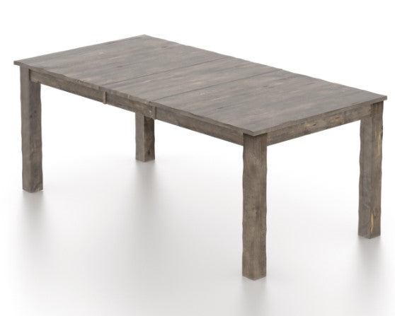 A rectangular wood top table with a distressed finish