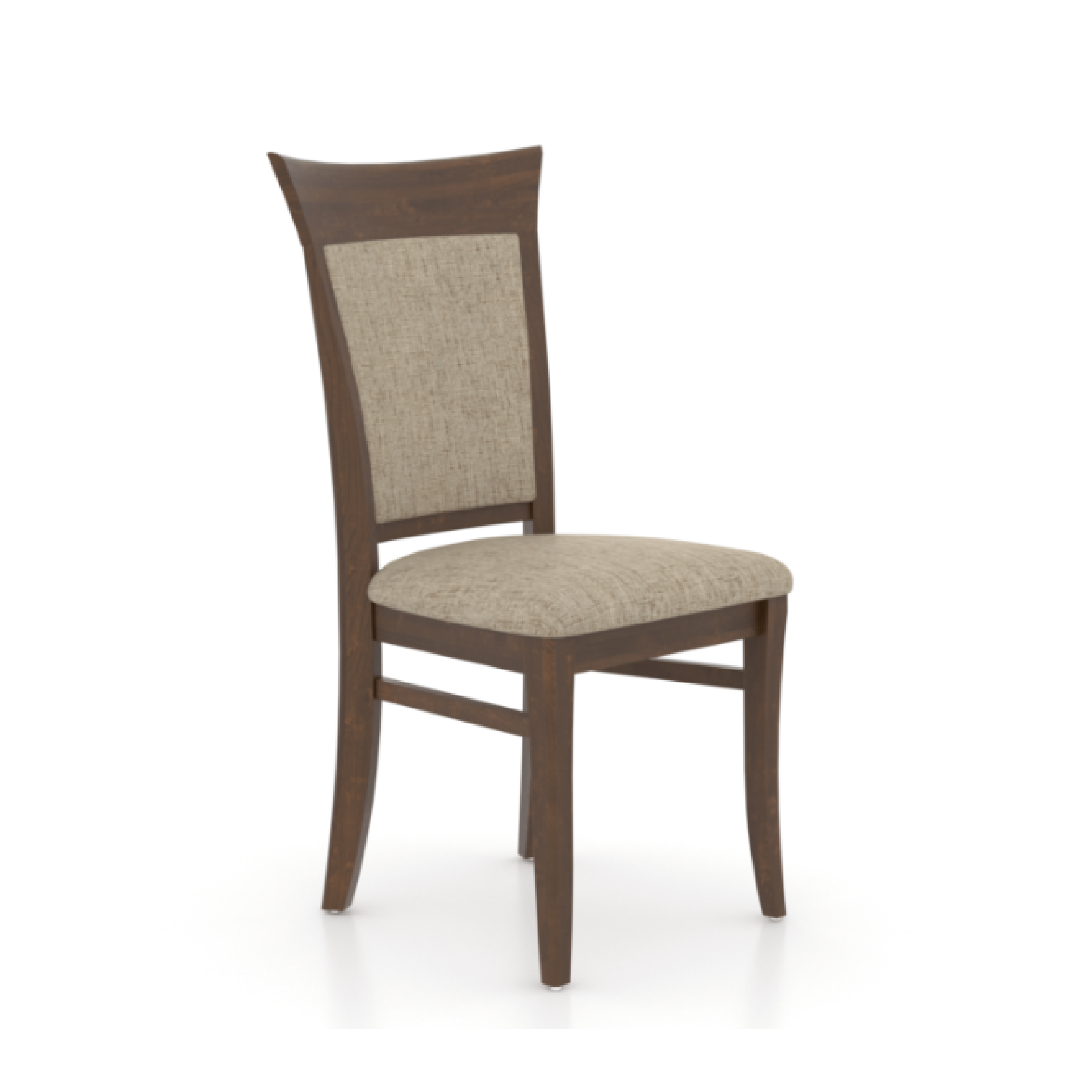A chair with a solid wood seat and backrest, upholstered seat and backrest in beige fabric, and dark brown wooden legs.