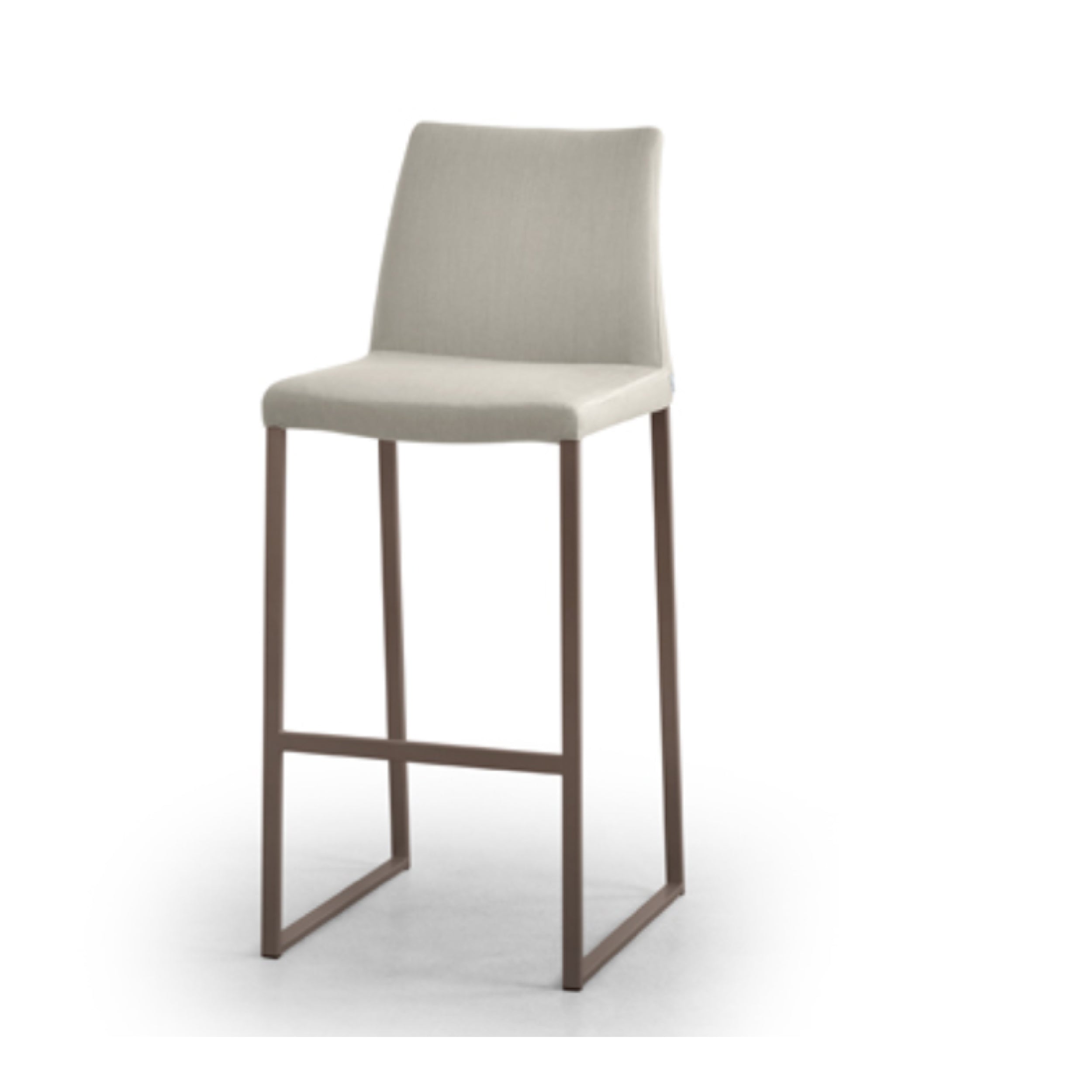 A contemporary counter height stool with a gray steel frame and beige upholstered padded seat and backrest.