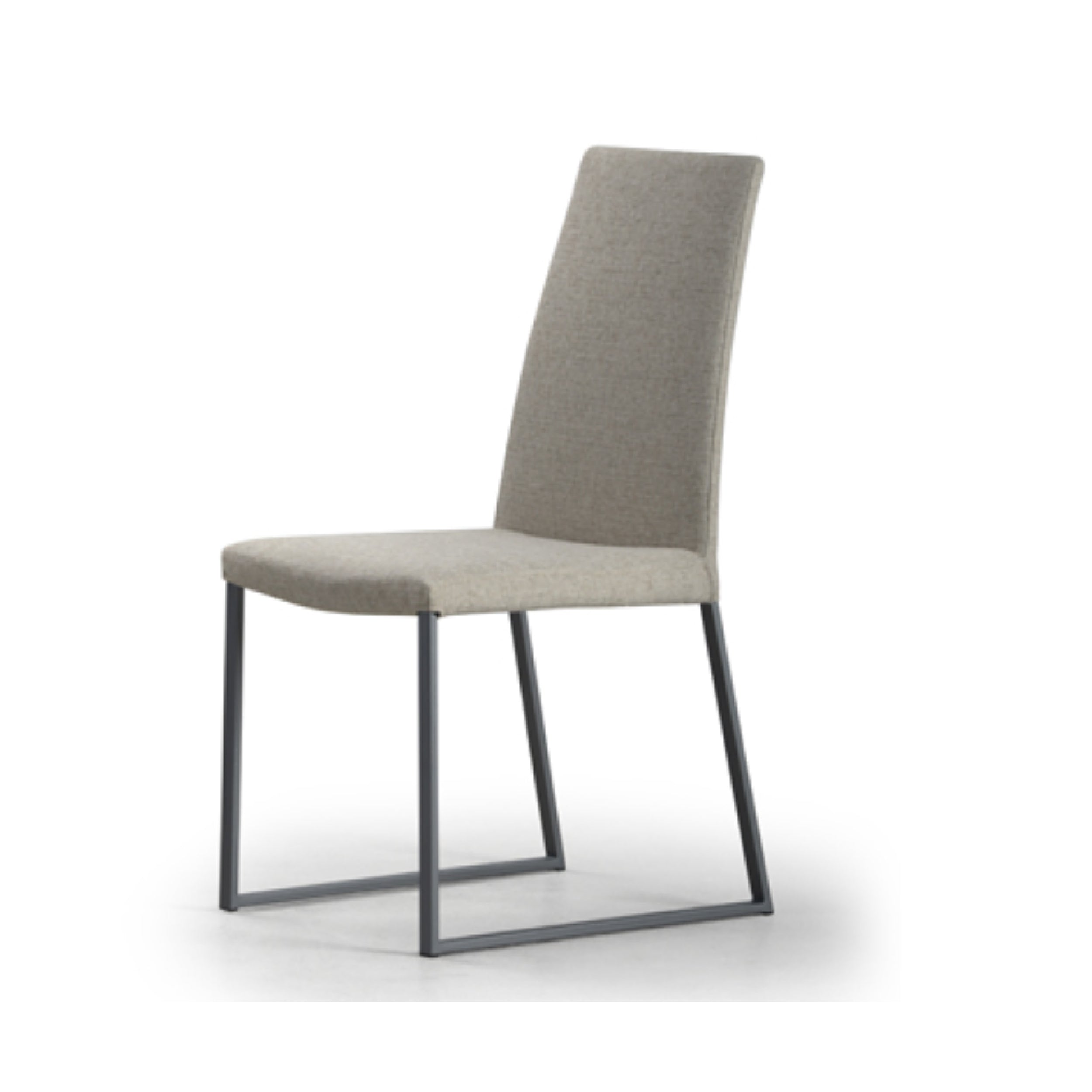 A gray upholstered padded chair with a tubular steel frame and a full backrest.