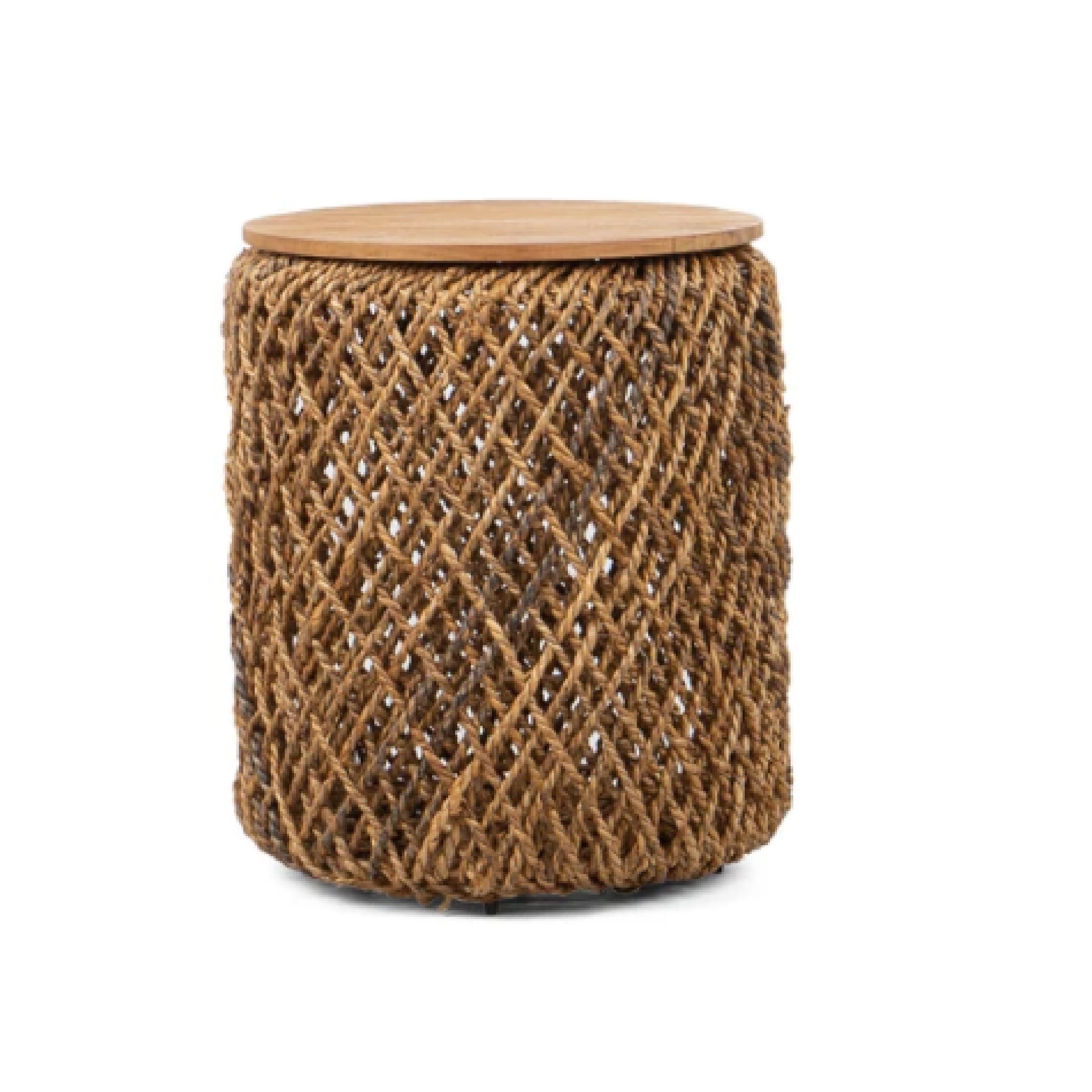 A round side table with a reclaimed teak top and a woven abaca base.