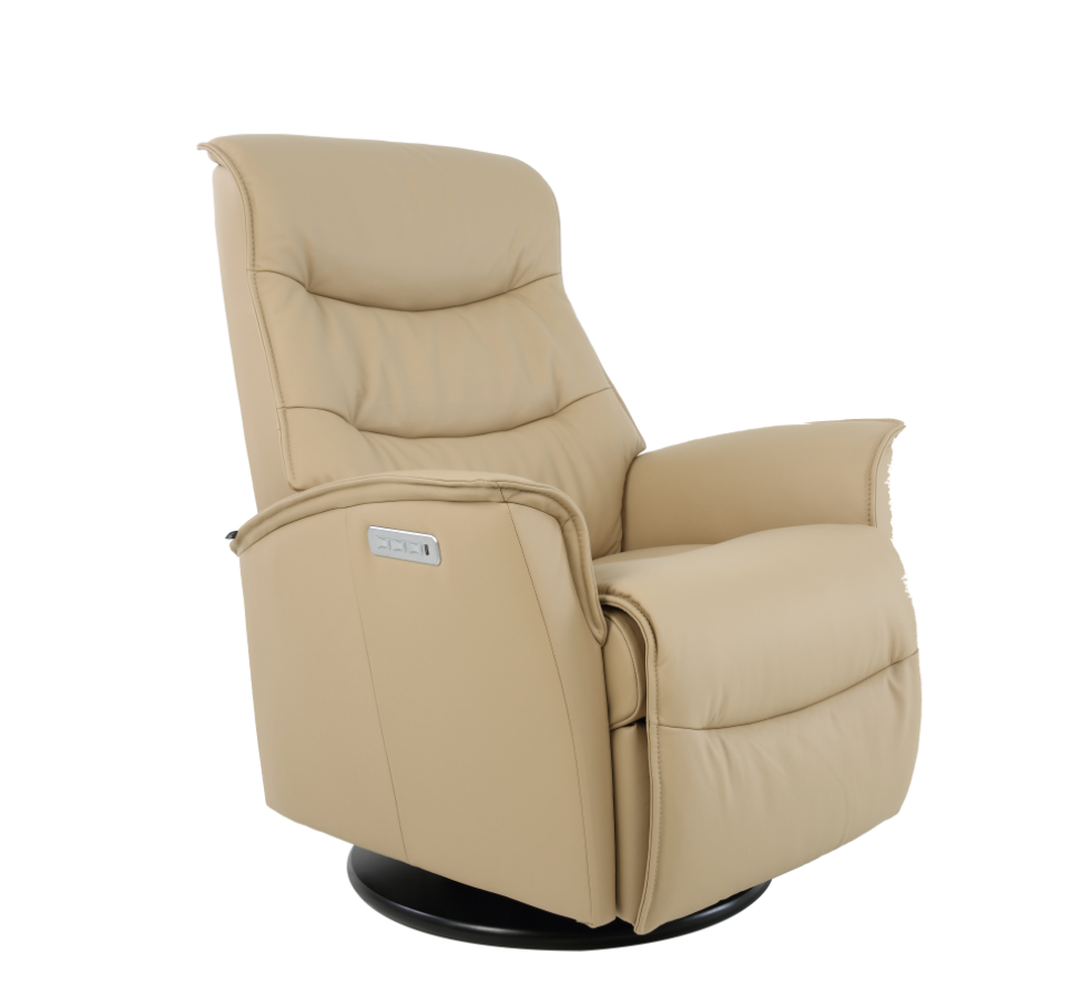 a light beige recliner showing three buttons on a black wood base
