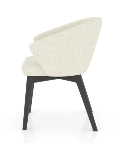 A retro-chic chair with a curved shape, sharp edges, and a matte finish. The chair has a peppercorn wash color and a fabric TW finish.