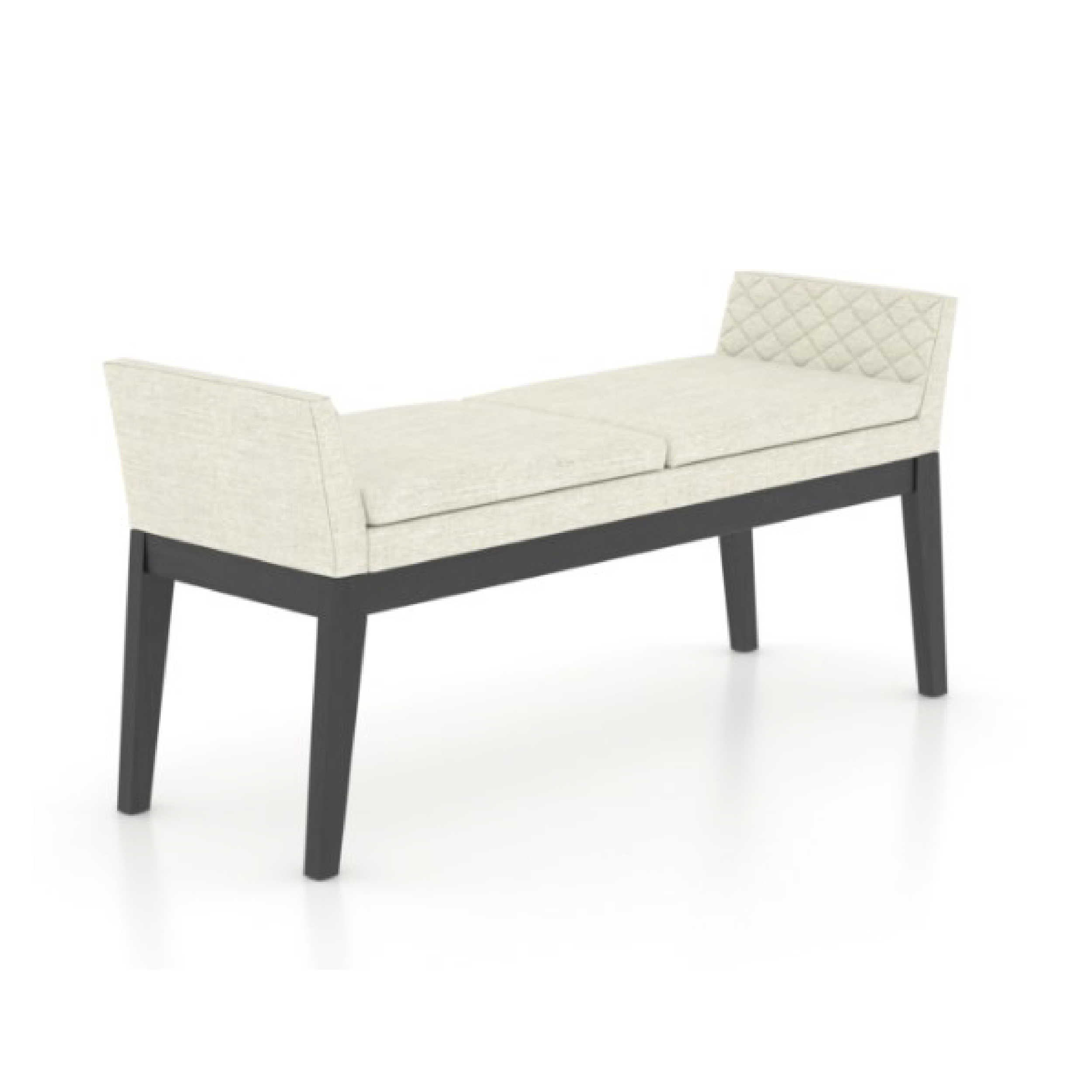 A modern upholstered bench with matte finish and elegant armrests, featuring a peppercorn wash seat and fabric TW finish.