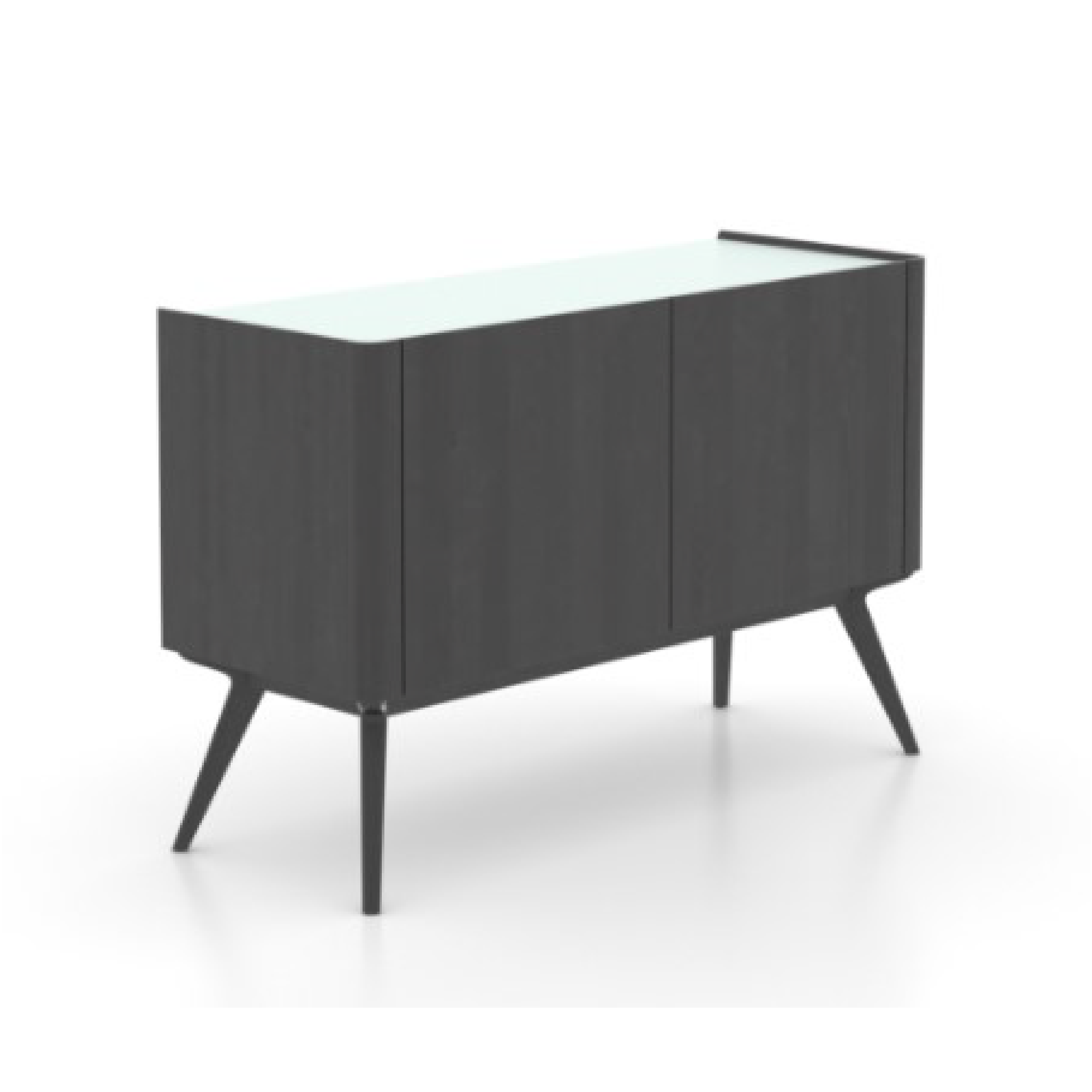 A modern Scandinavian style buffet with a matte finish and rounded edges, featuring two shelves and black legs.