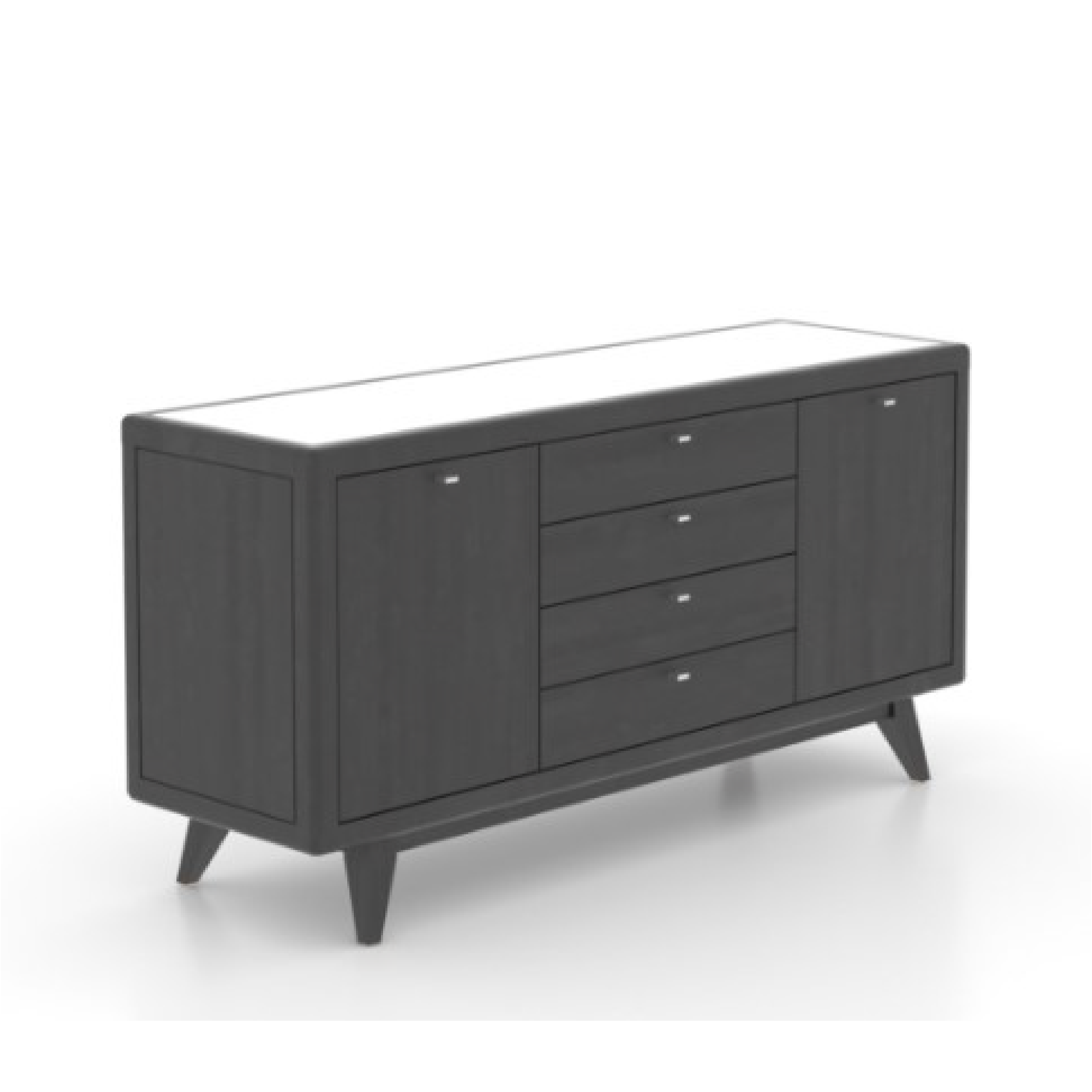 A modern buffet table with a matte finish in gray, featuring two shelves and three drawers for storage.