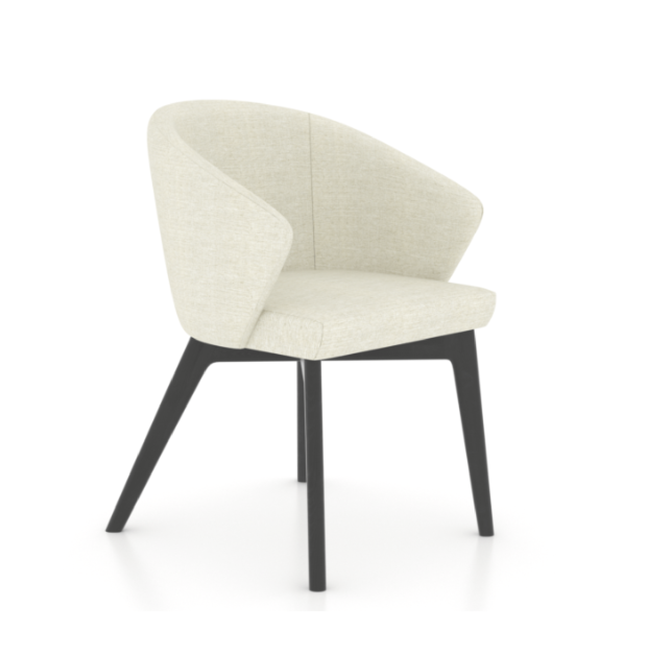 A retro-chic chair with a curved shape, sharp edges, and a matte finish. The chair has a peppercorn wash color and a fabric TW finish.