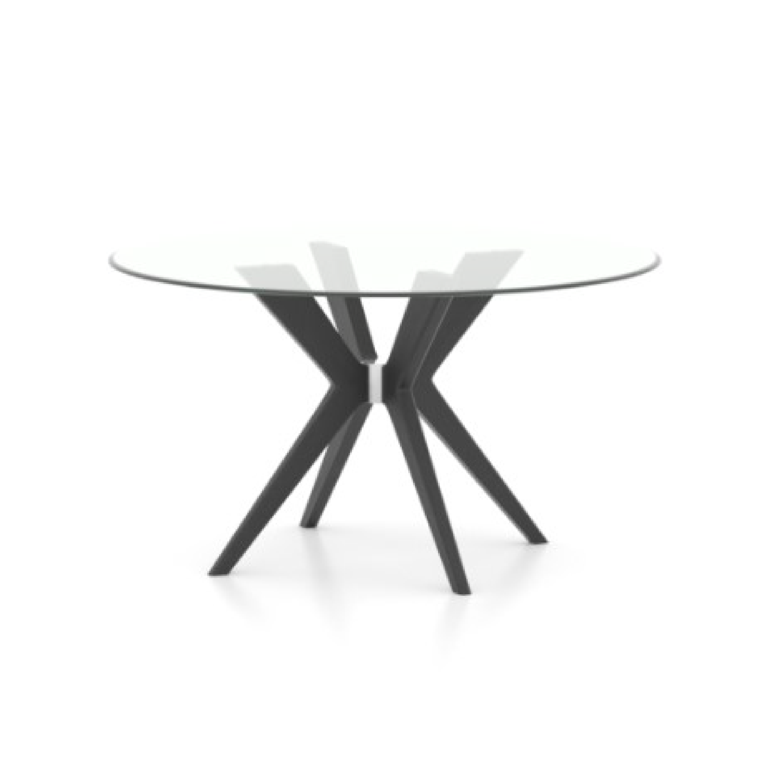 A round glass top table with a matte finish and a modern base with sharp edges. The table is shown in a clear peppercorn washed finish.