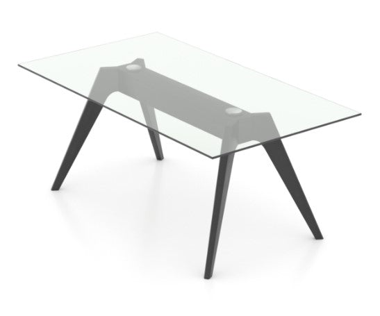 A rectangular glass top table with angled black wooden legs, shown in a clear white background.