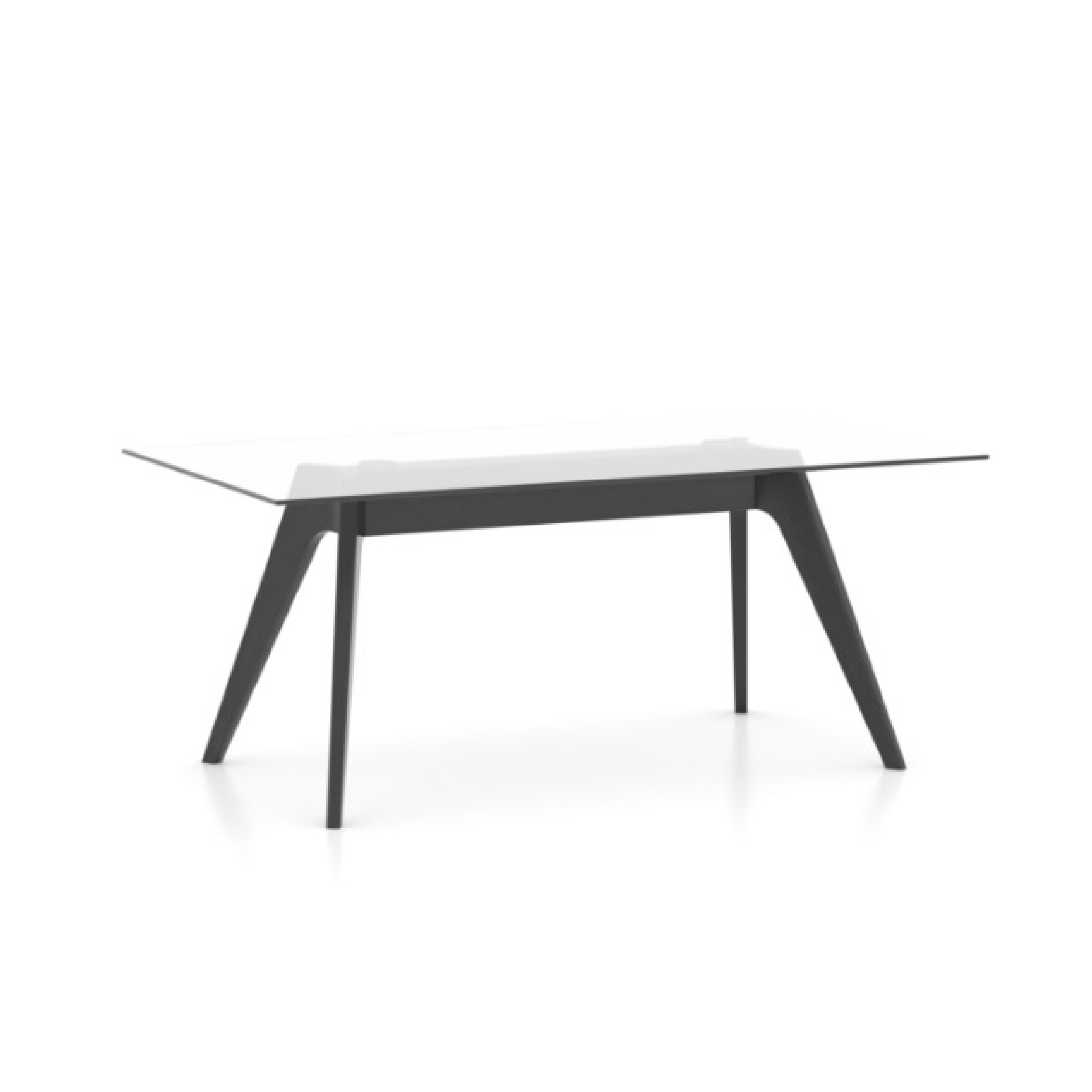 A rectangular glass top table with angled black wooden legs, shown in a clear white background.