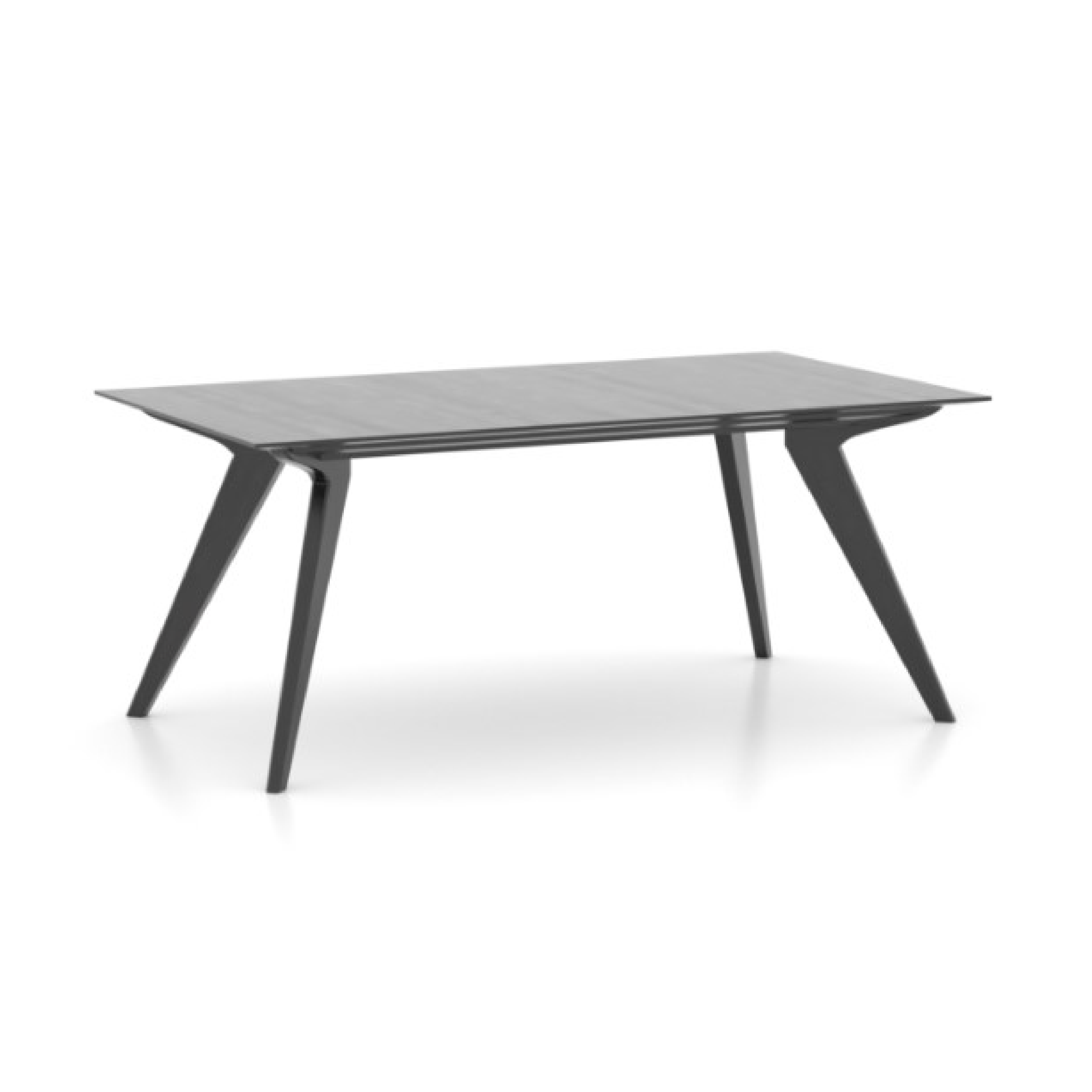 A modern, minimalist Scandinavian style rectangular wood top table with dark gray legs.