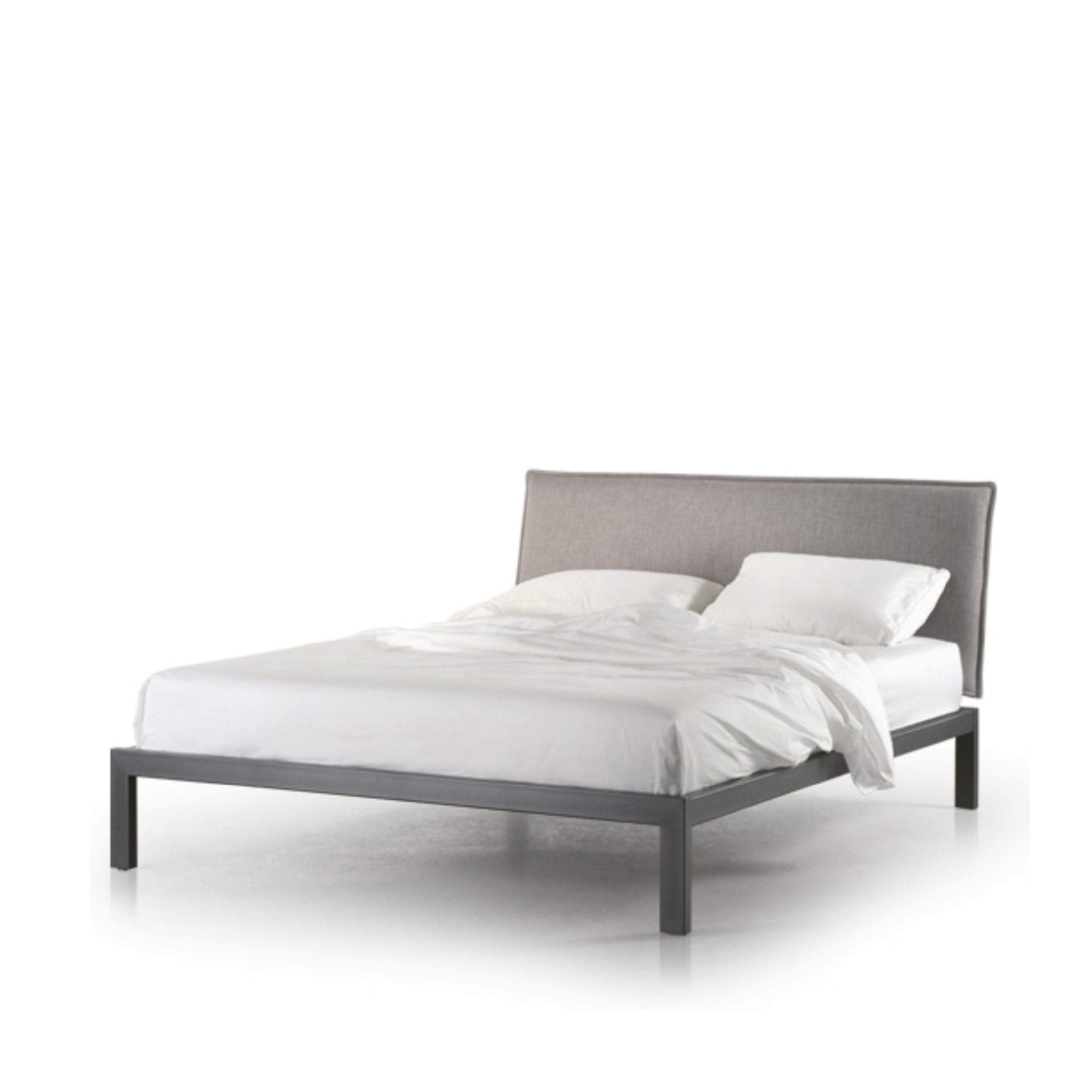 A modern platform bed frame with a gray headboard and posture board, set against a white background.