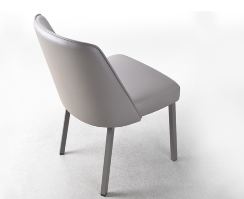 A Birdseye view of a  modern dining chair with a gray upholstered seat and backrest, featuring a metal frame in a brushed steel finish.