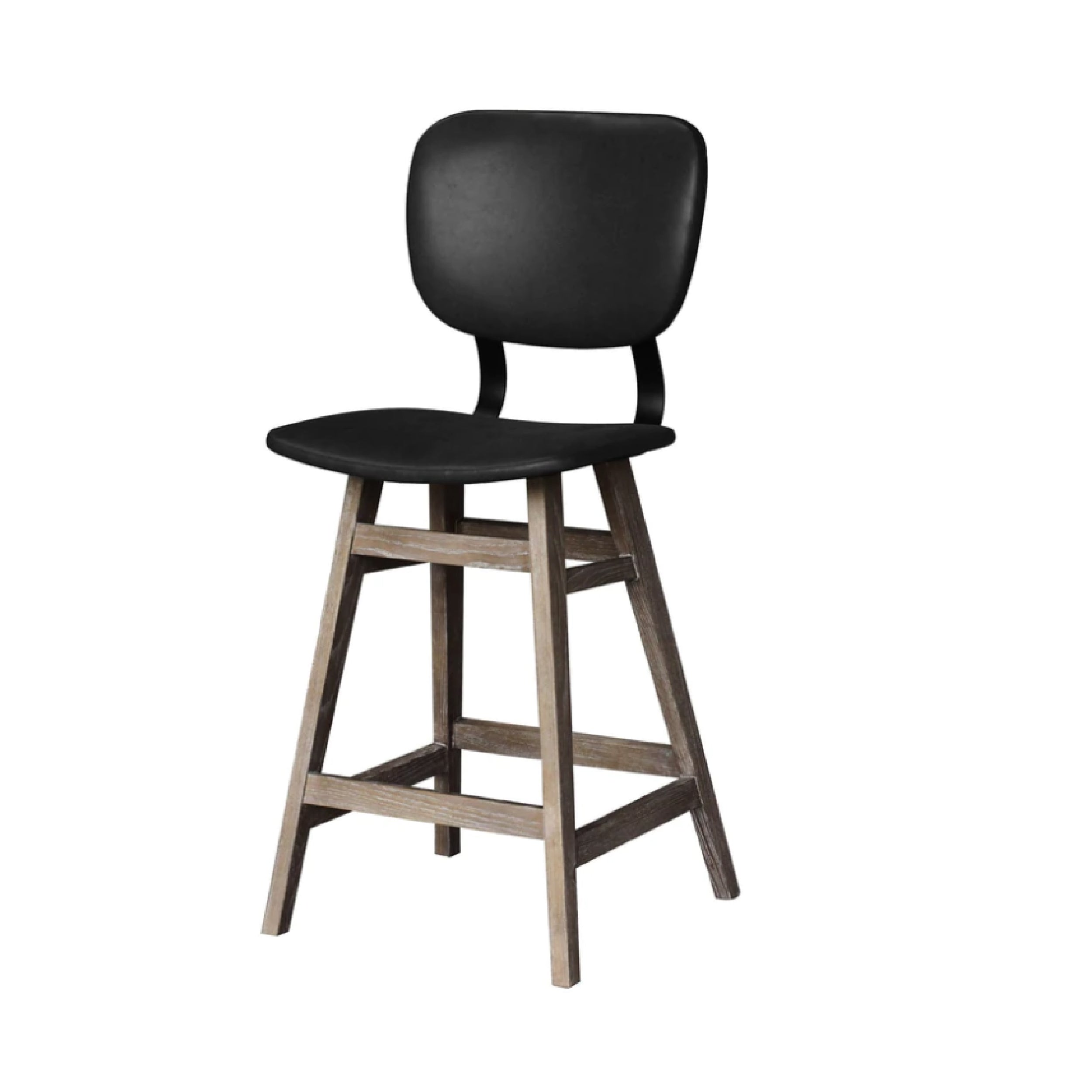 An antique black Fraser counter stool with a hardback seat and a wooden stool base.