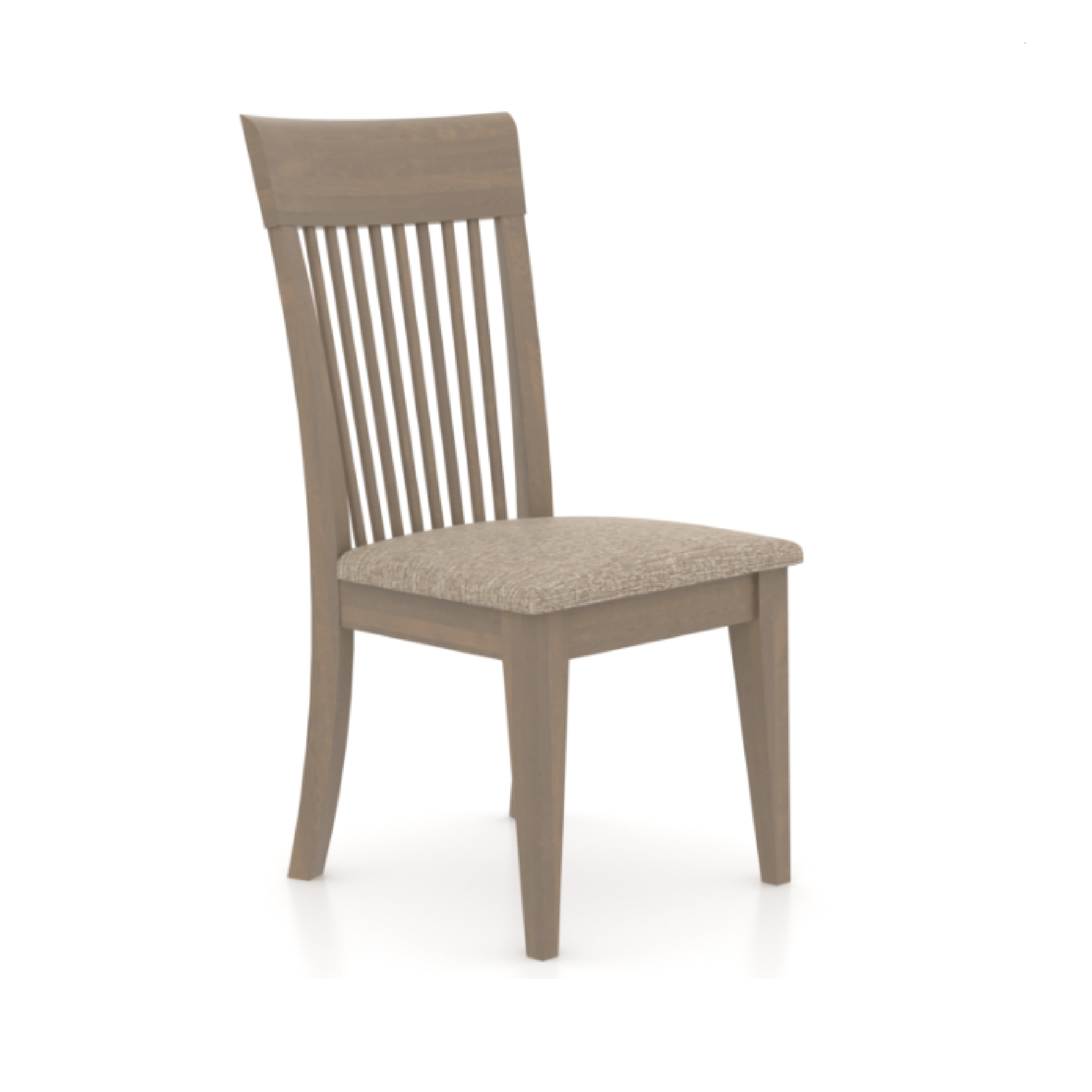 A weathered grey washed dining chair with a matte finish and fabric seat, featuring graceful curved lines and a wood seat option.