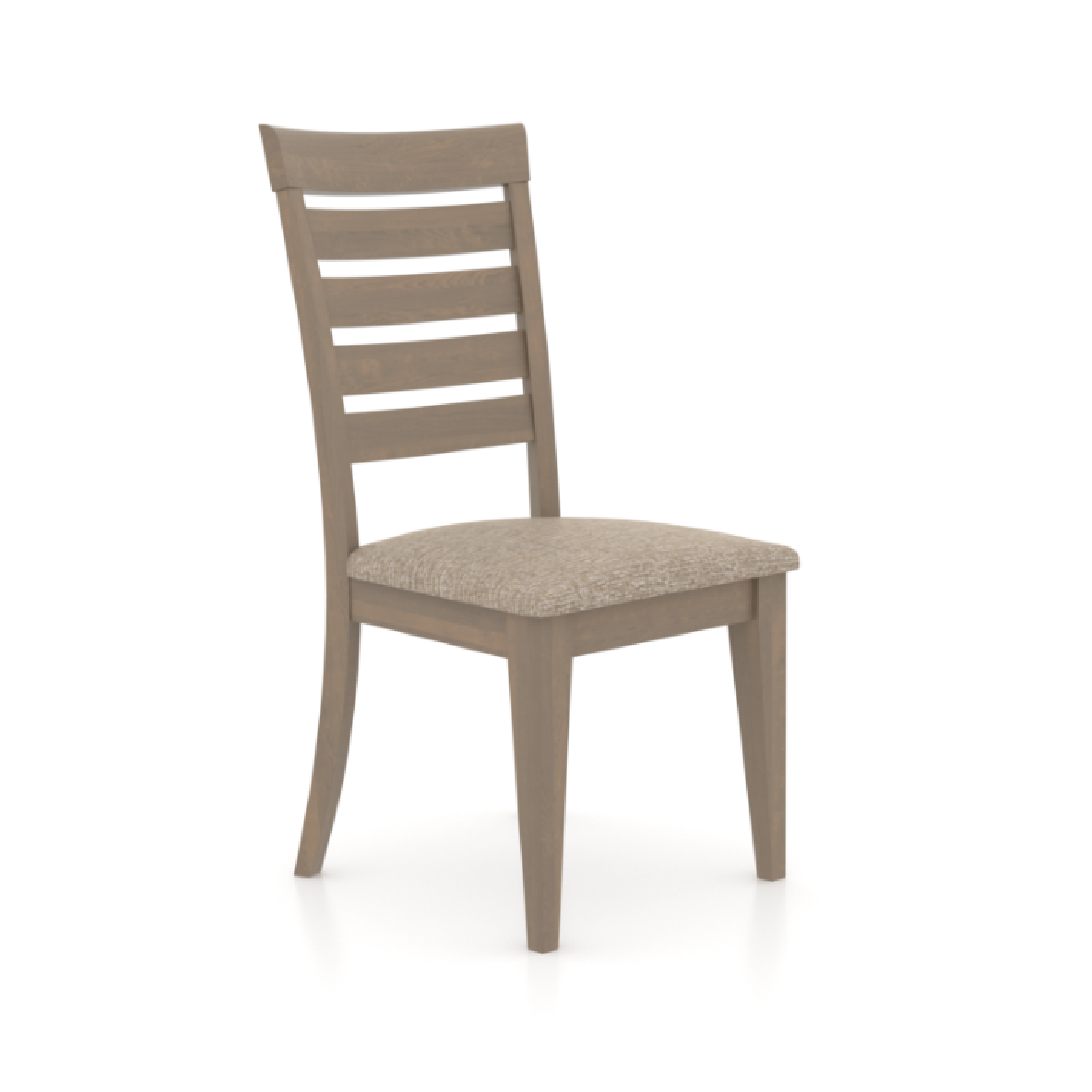A gray upholstered dining chair with a wooden frame and fabric seat cushion.